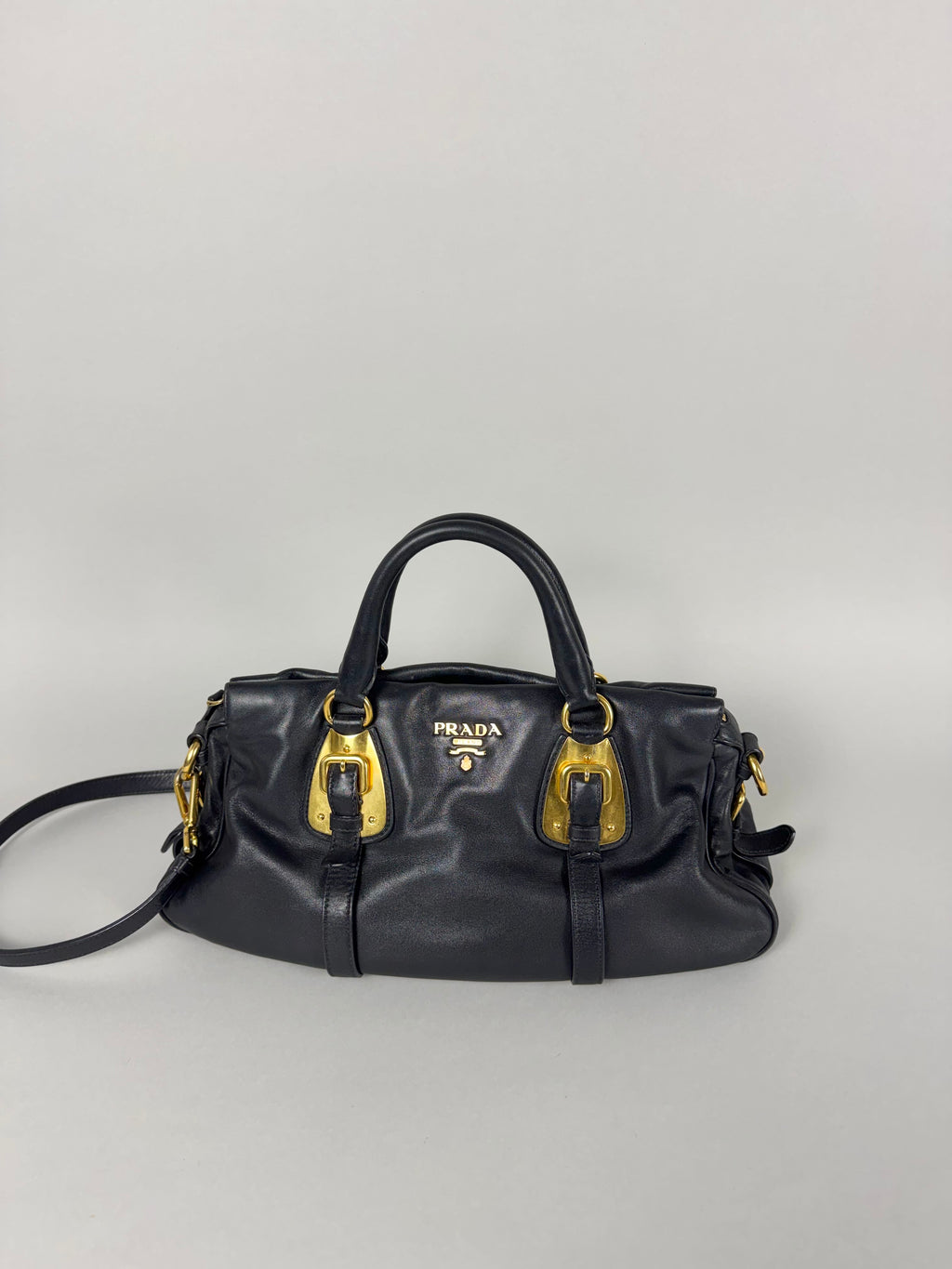 Prada Satchel Soft Calfskin Trimmed Leather Black