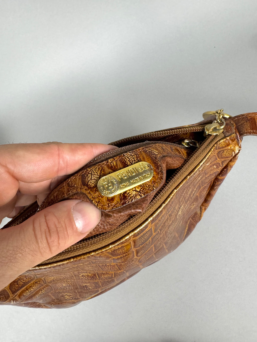 Fendi Janus Medallion Crocodile Embossed Leather Crossbody