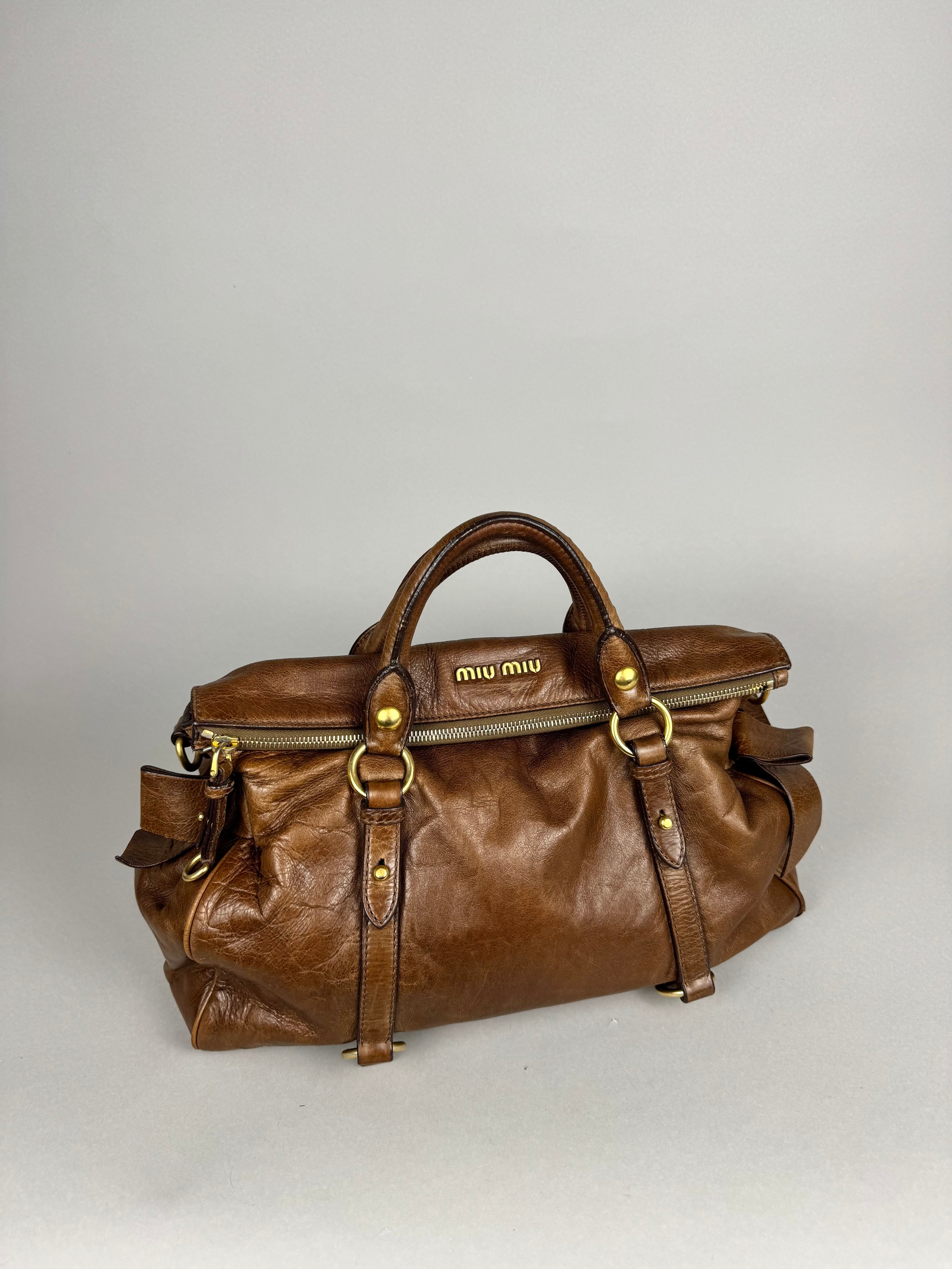 Miu Miu Lux Bow Vitello Leather Brown Tote