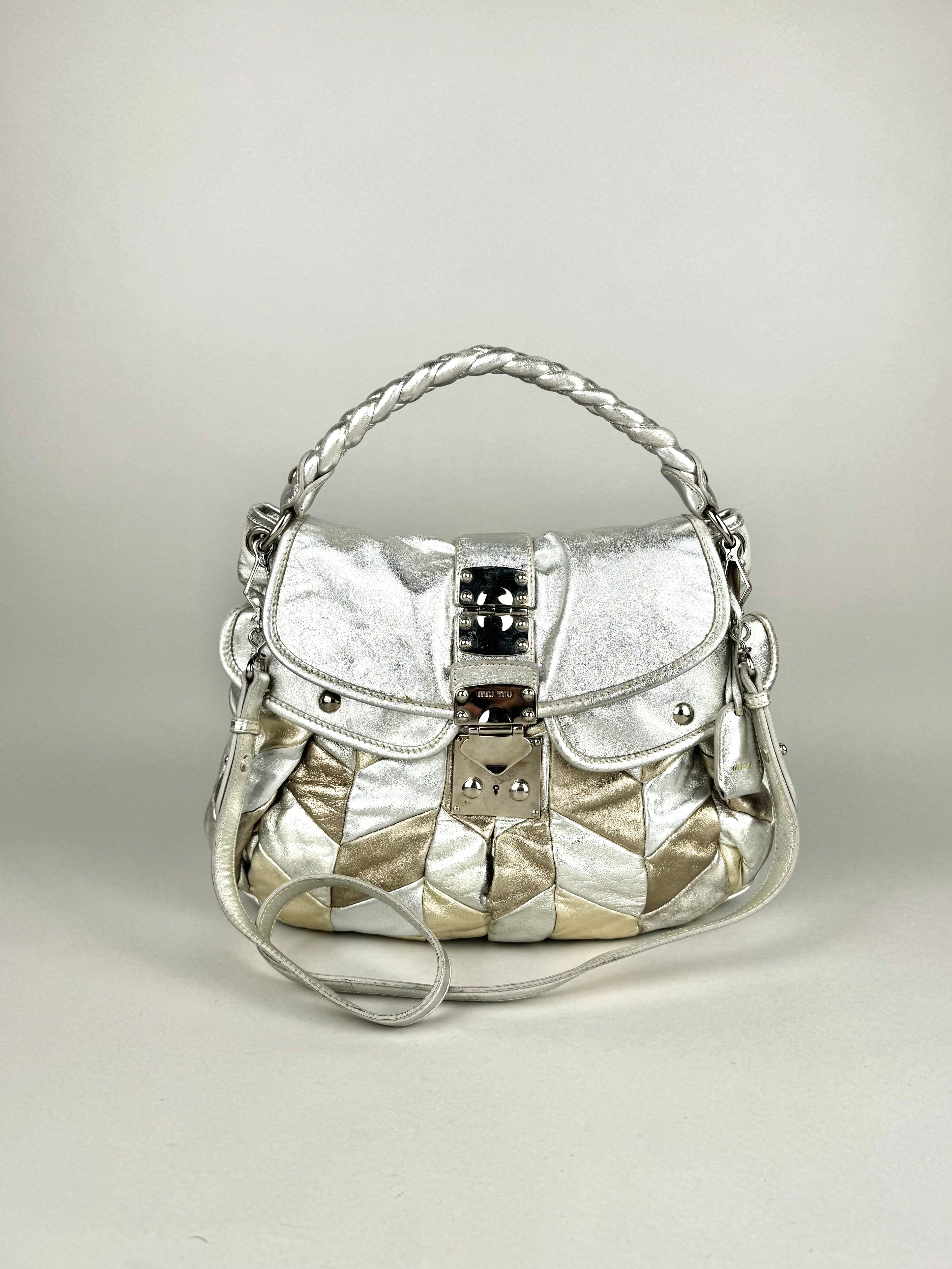 Miu Miu Silver Leather Harlequin Patchwork Coffer Matelass Hobo