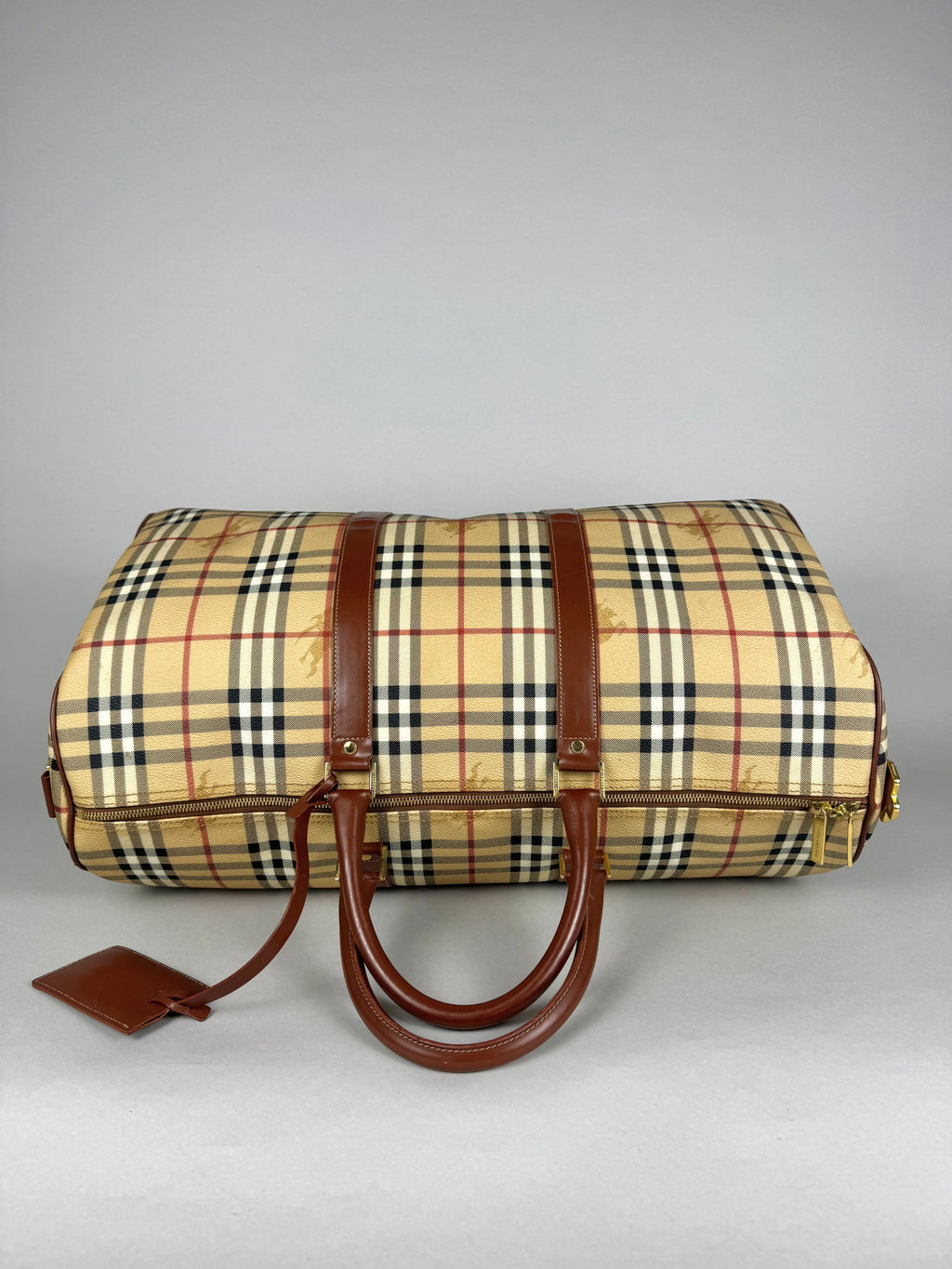Burberry Brown Leather And Haymarket Check Coated Canvas Travel Duffel