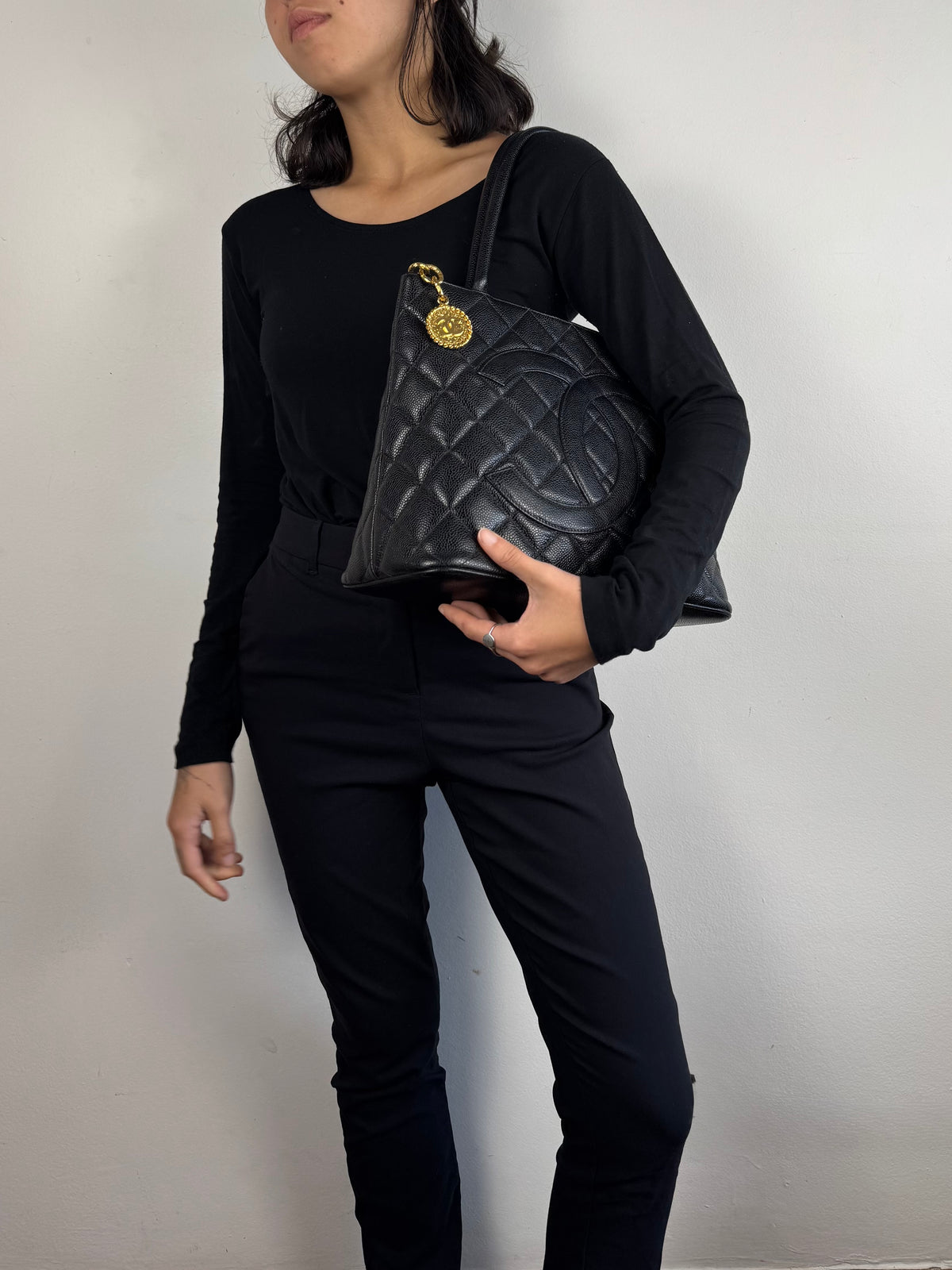 Chanel Medallion Black Leather Caviar Tote