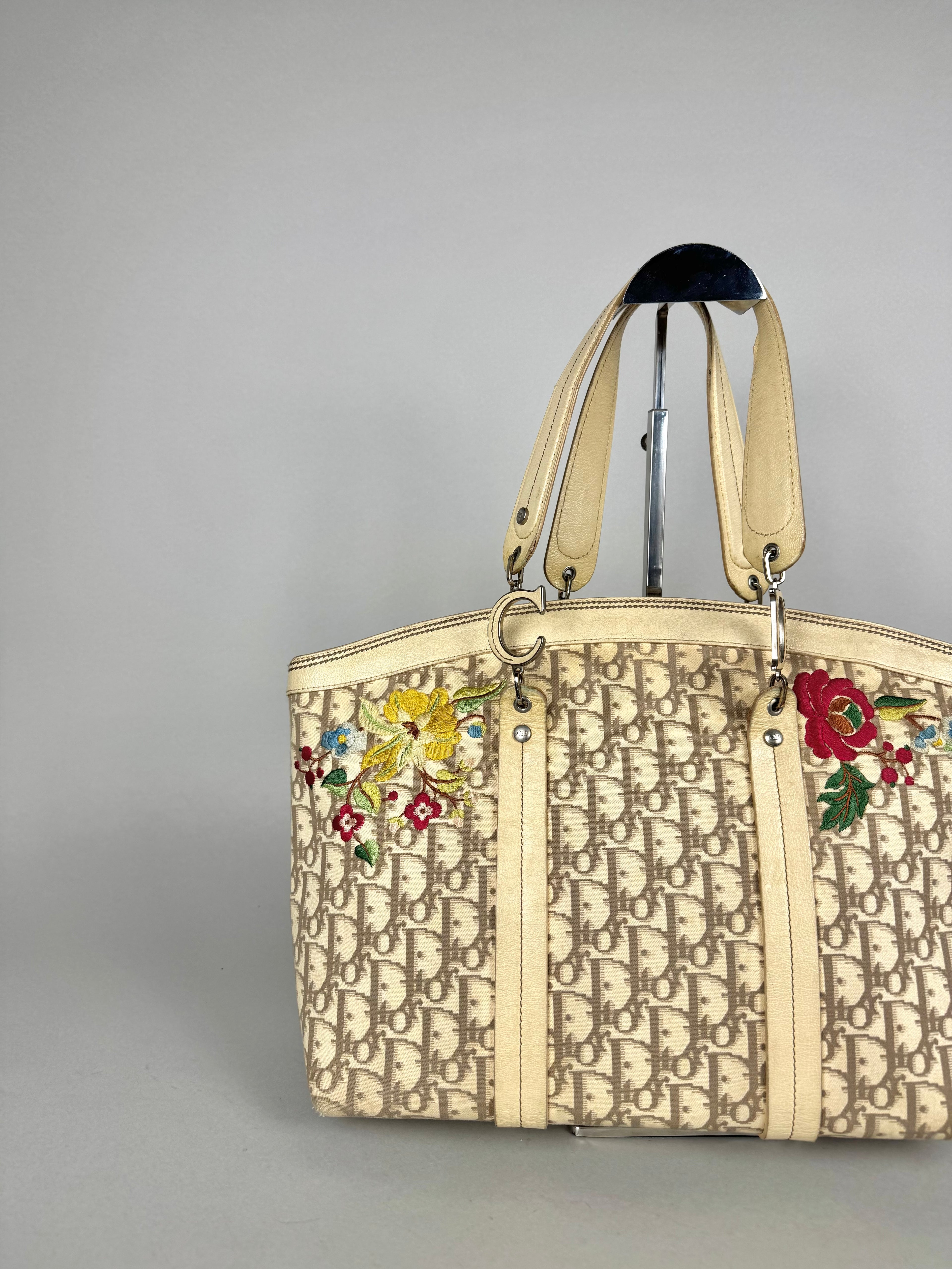 Christian Dior Beige Diorissimo Embroidered Flowers Tote