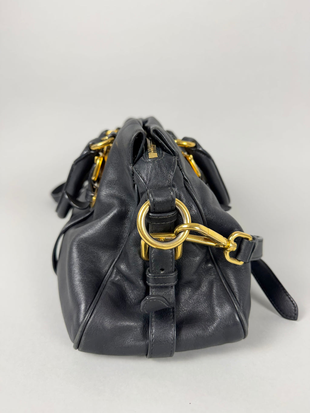 Prada Satchel Soft Calfskin Trimmed Leather Black
