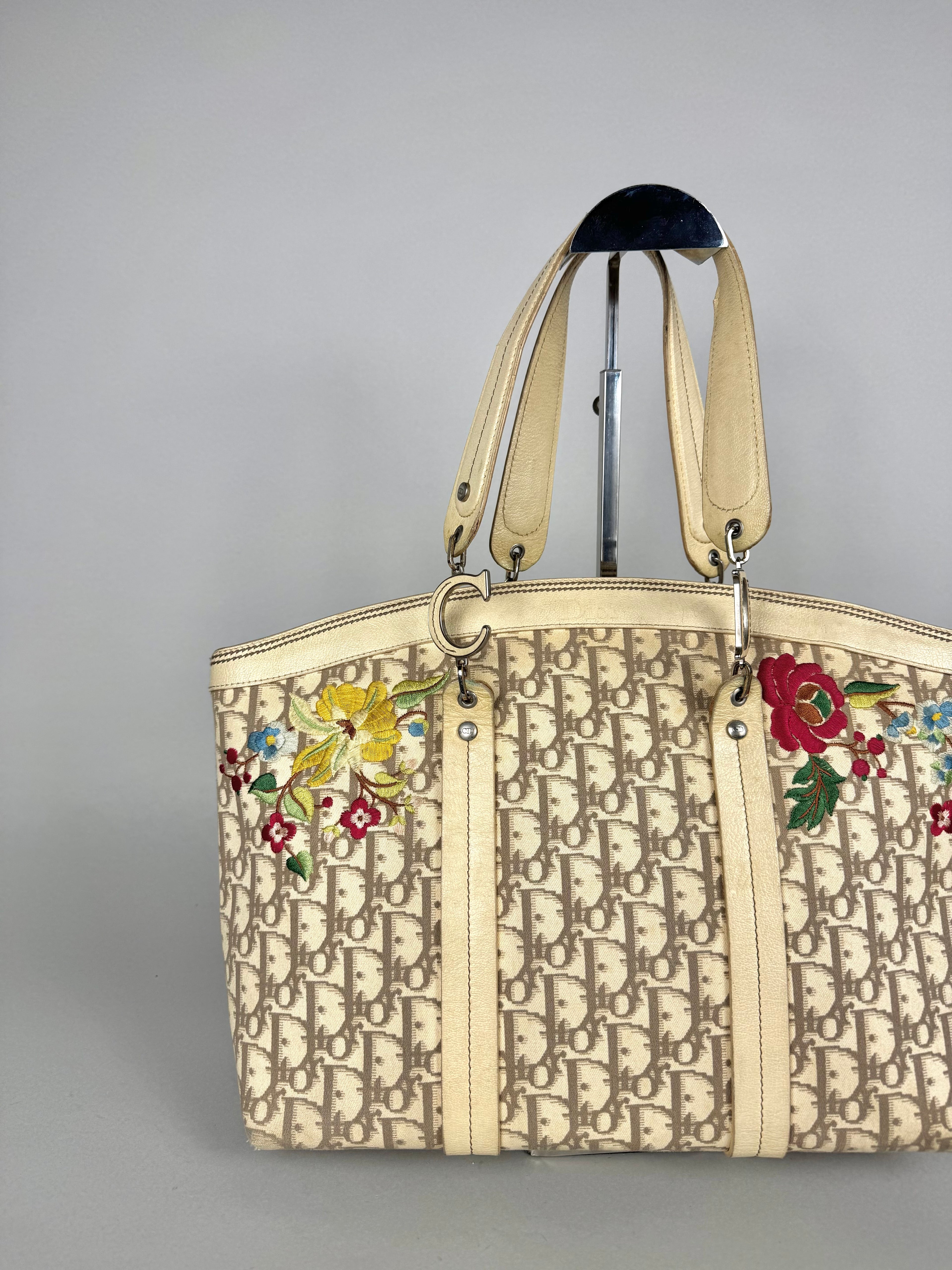 Christian Dior Beige Diorissimo Embroidered Flowers Tote