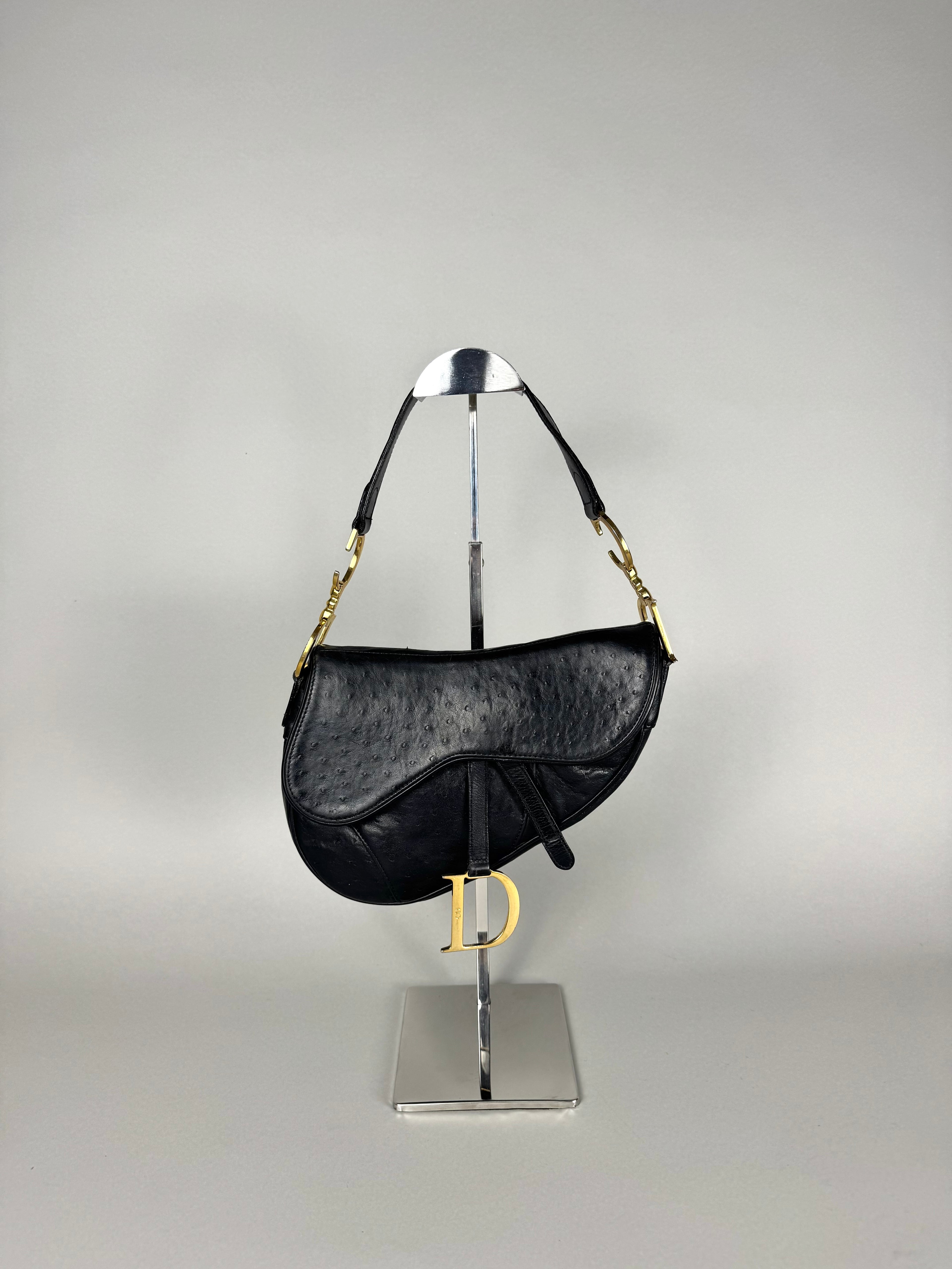 Christian Dior Saddle Ostrich Leather Black