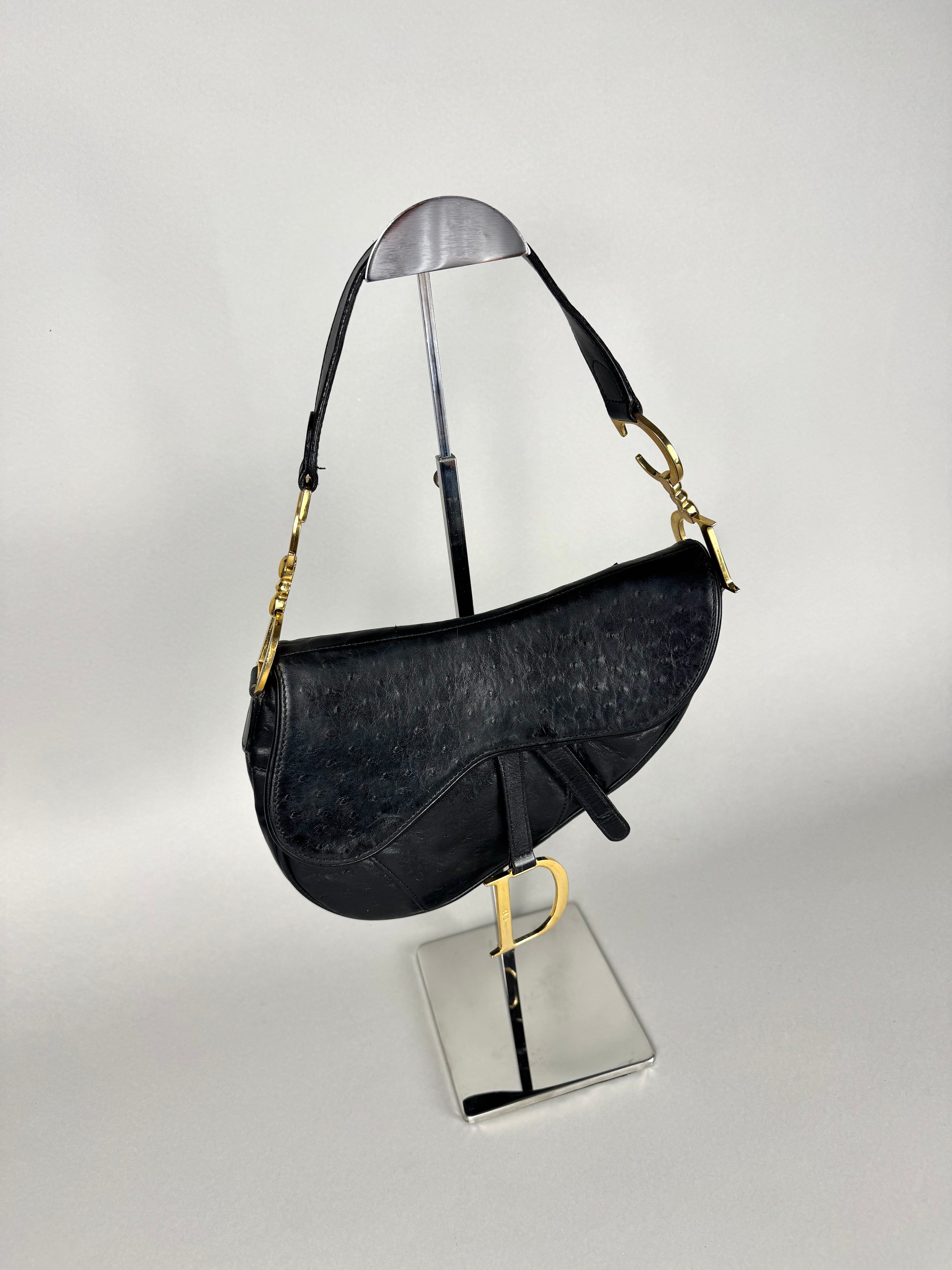 Christian Dior Saddle Ostrich Leather Black