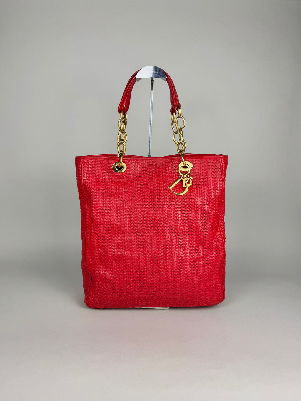 Christian Dior Red Woven Lambskin Leather Lady Dior Tote