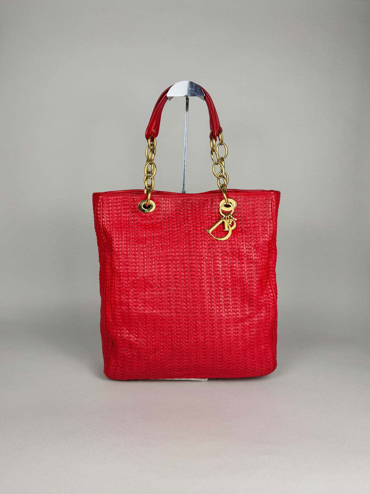 Christian Dior Red Woven Lambskin Leather Lady Dior Tote