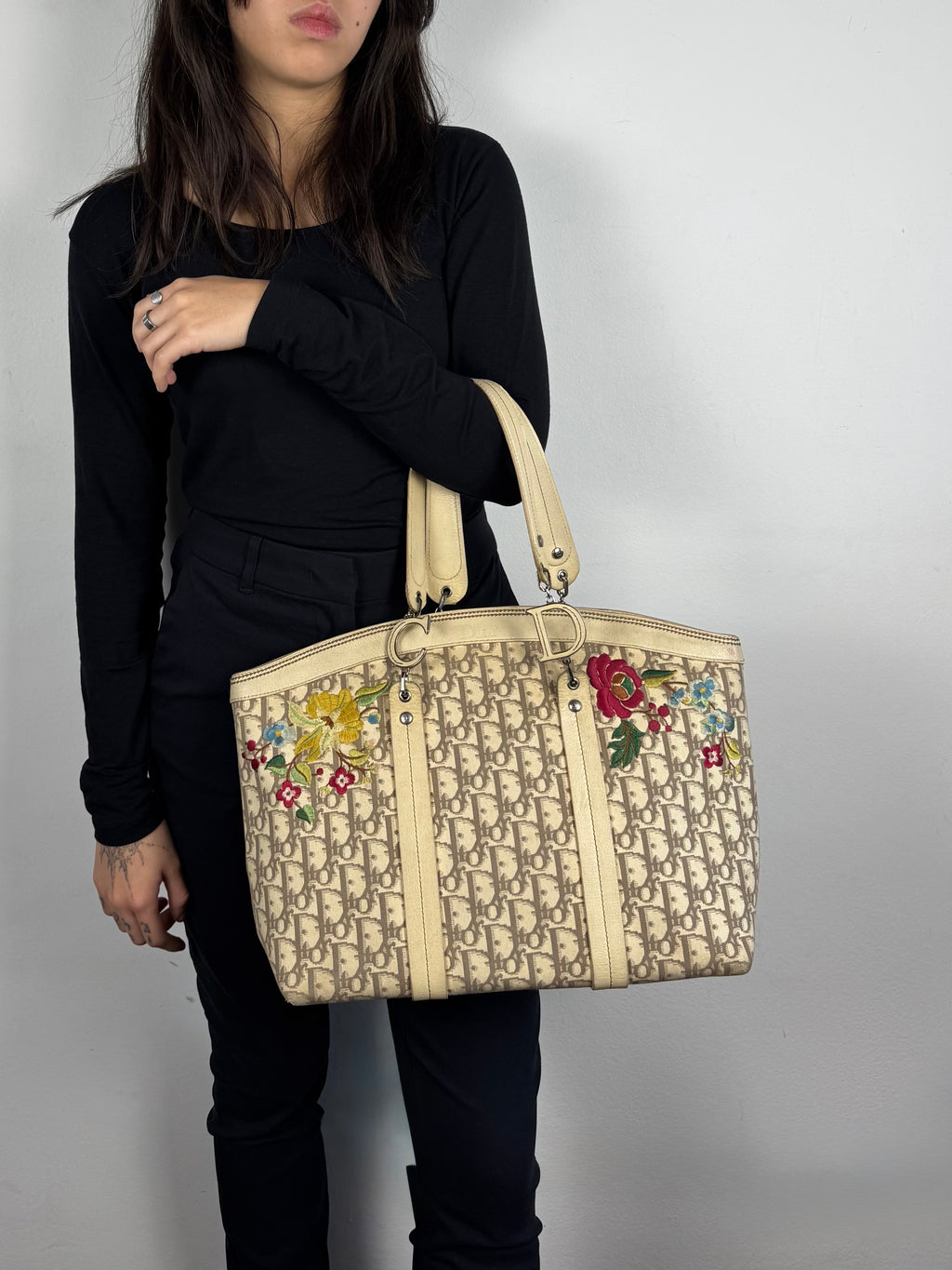 Christian Dior Beige Diorissimo Embroidered Flowers Tote