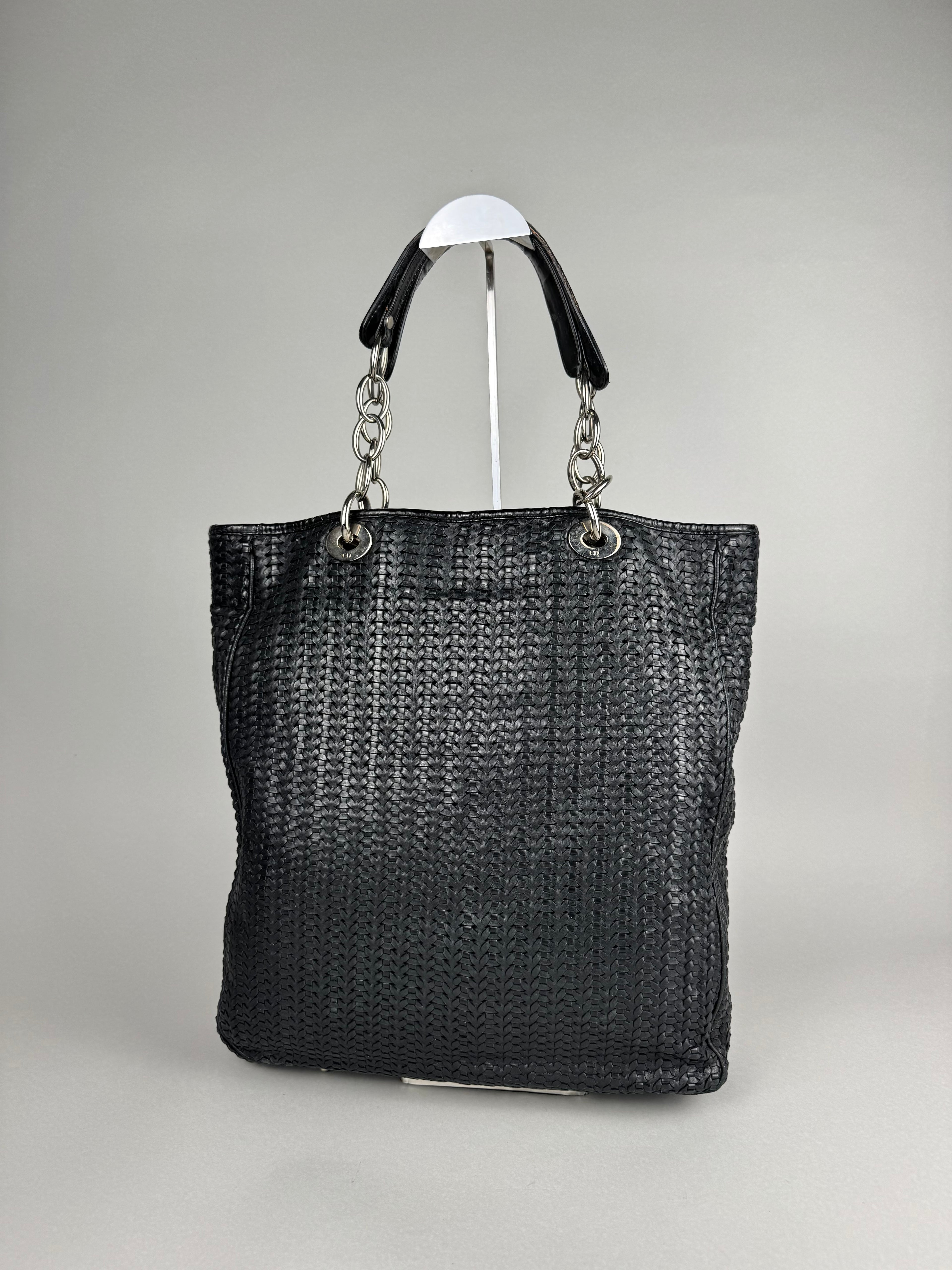 Christian Dior Black Woven Lambskin Leather Lady Dior Tote