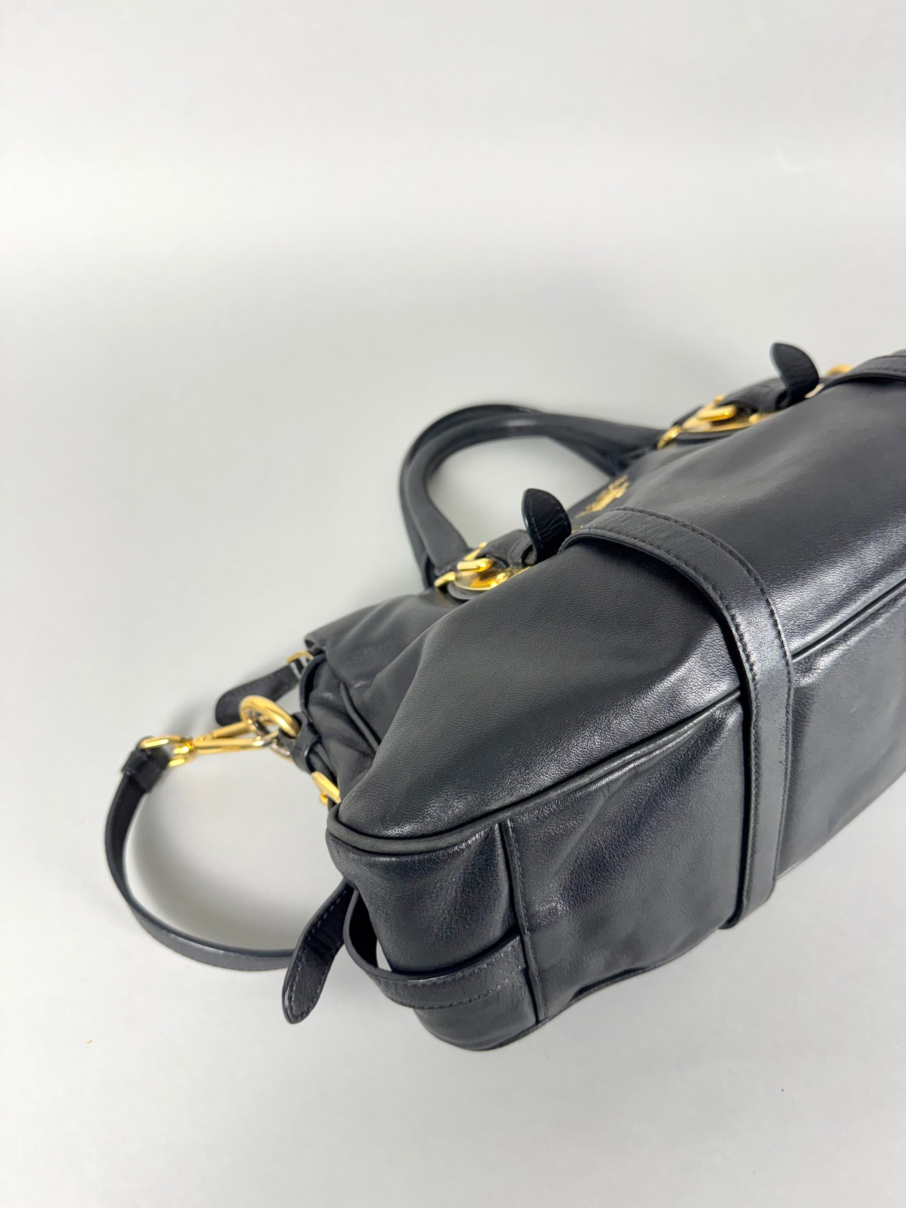 Prada Satchel Soft Calfskin Trimmed Leather Black