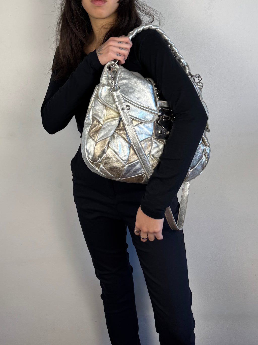 Miu Miu Silver Leather Harlequin Patchwork Coffer Matelass Hobo