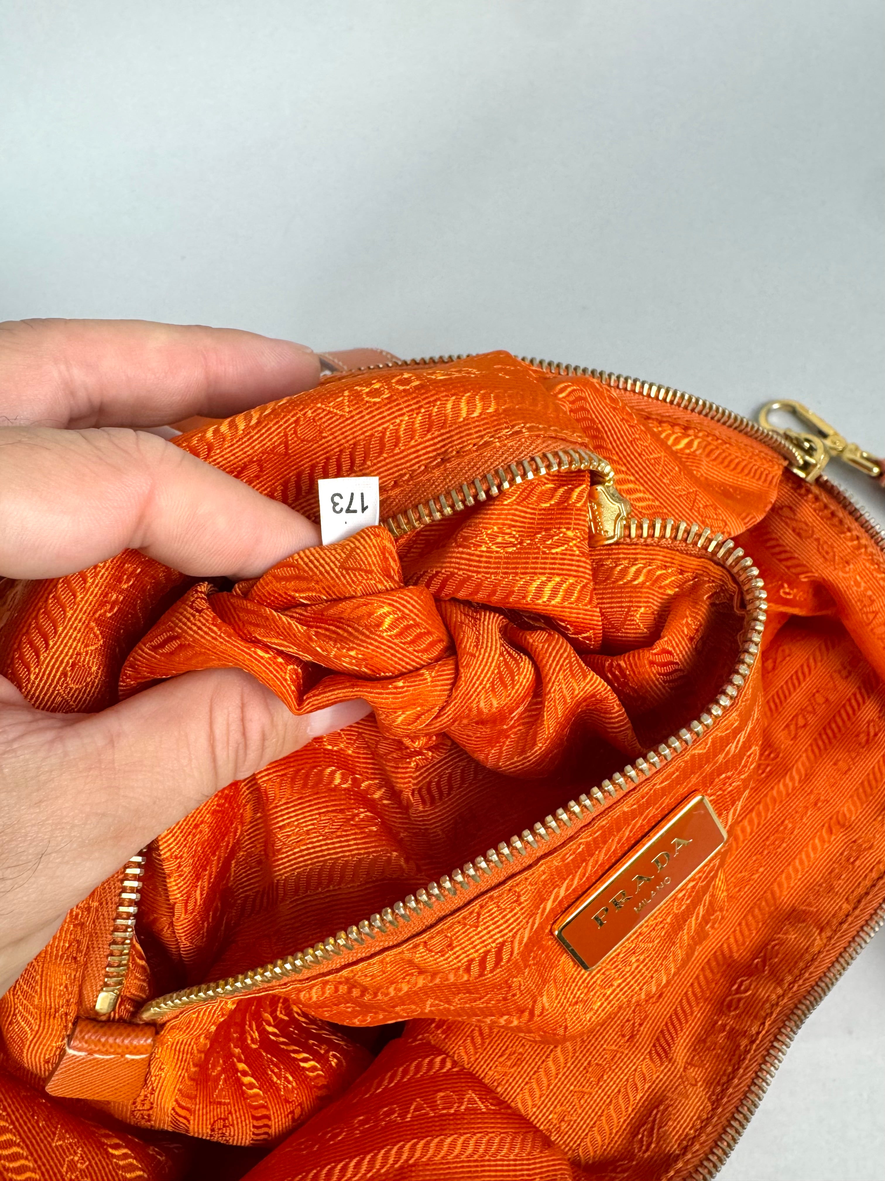 Prada Tessuto Orange Nylon With Leather Strap Tote Bag