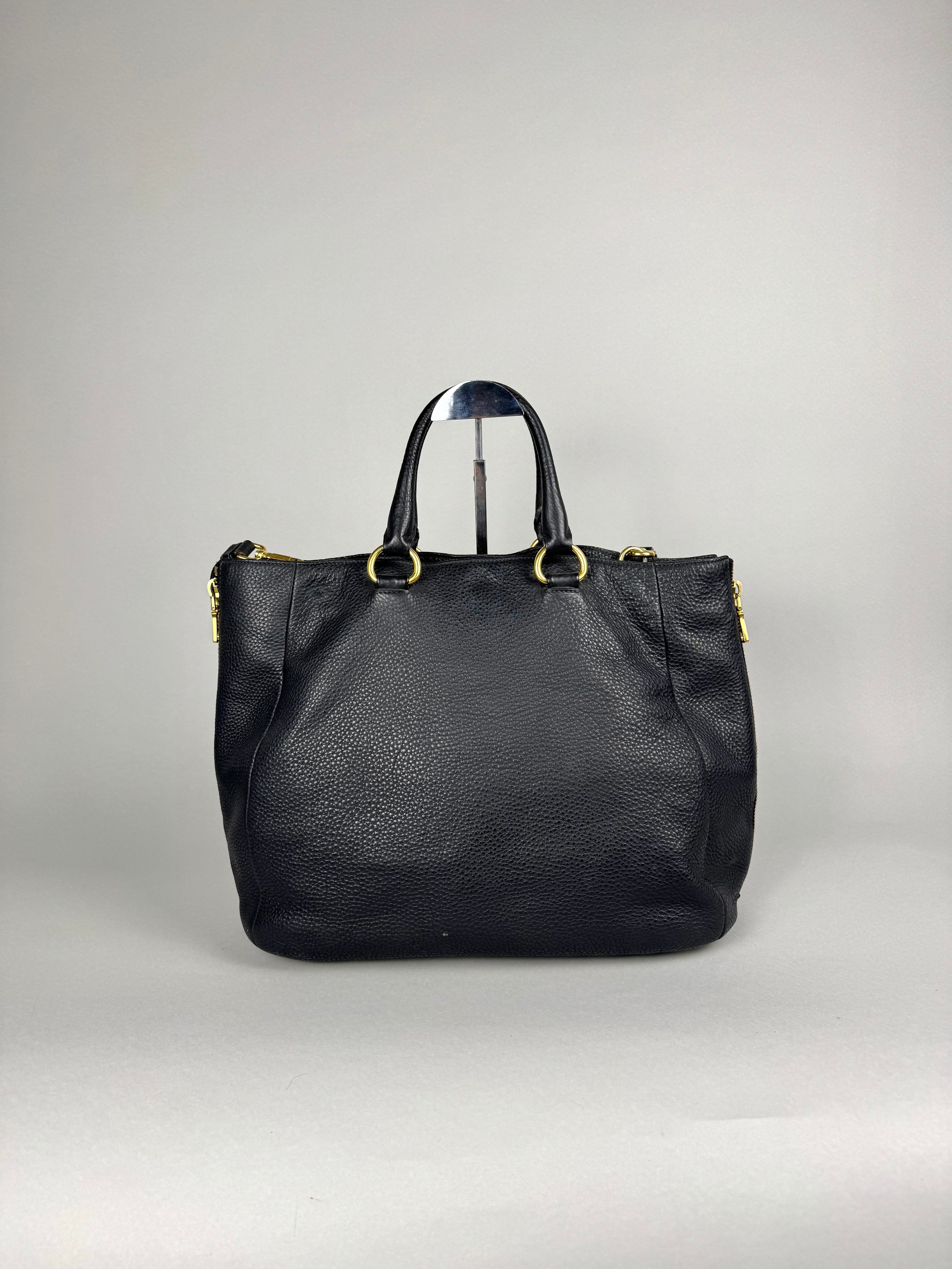 Prada Black Leather Vitello Diano Leather Side Zip Tote