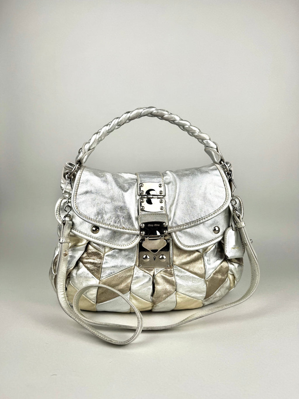 Miu Miu Silver Leather Harlequin Patchwork Coffer Matelass Hobo