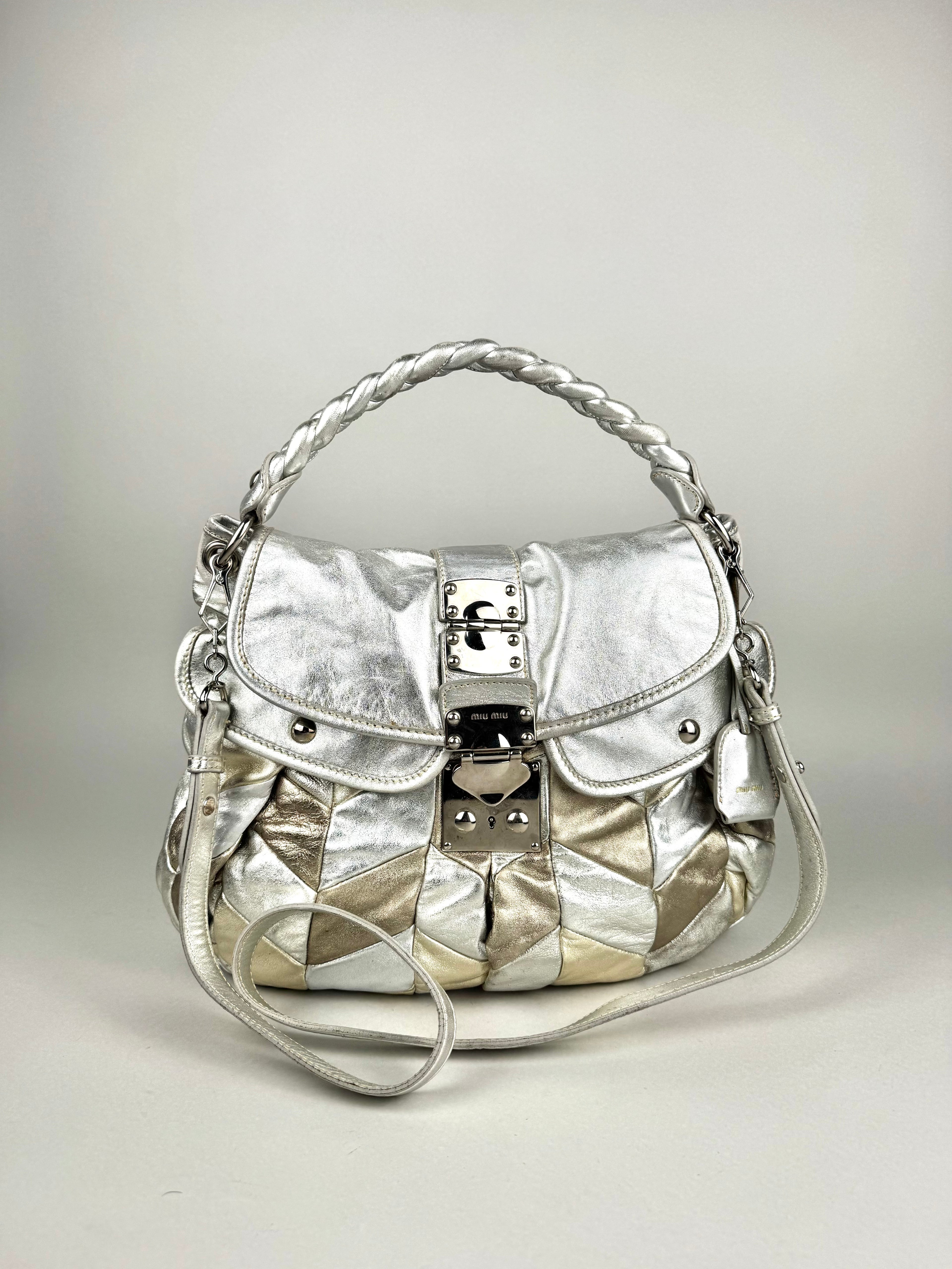 Miu Miu Silver Leather Harlequin Patchwork Coffer Matelass Hobo