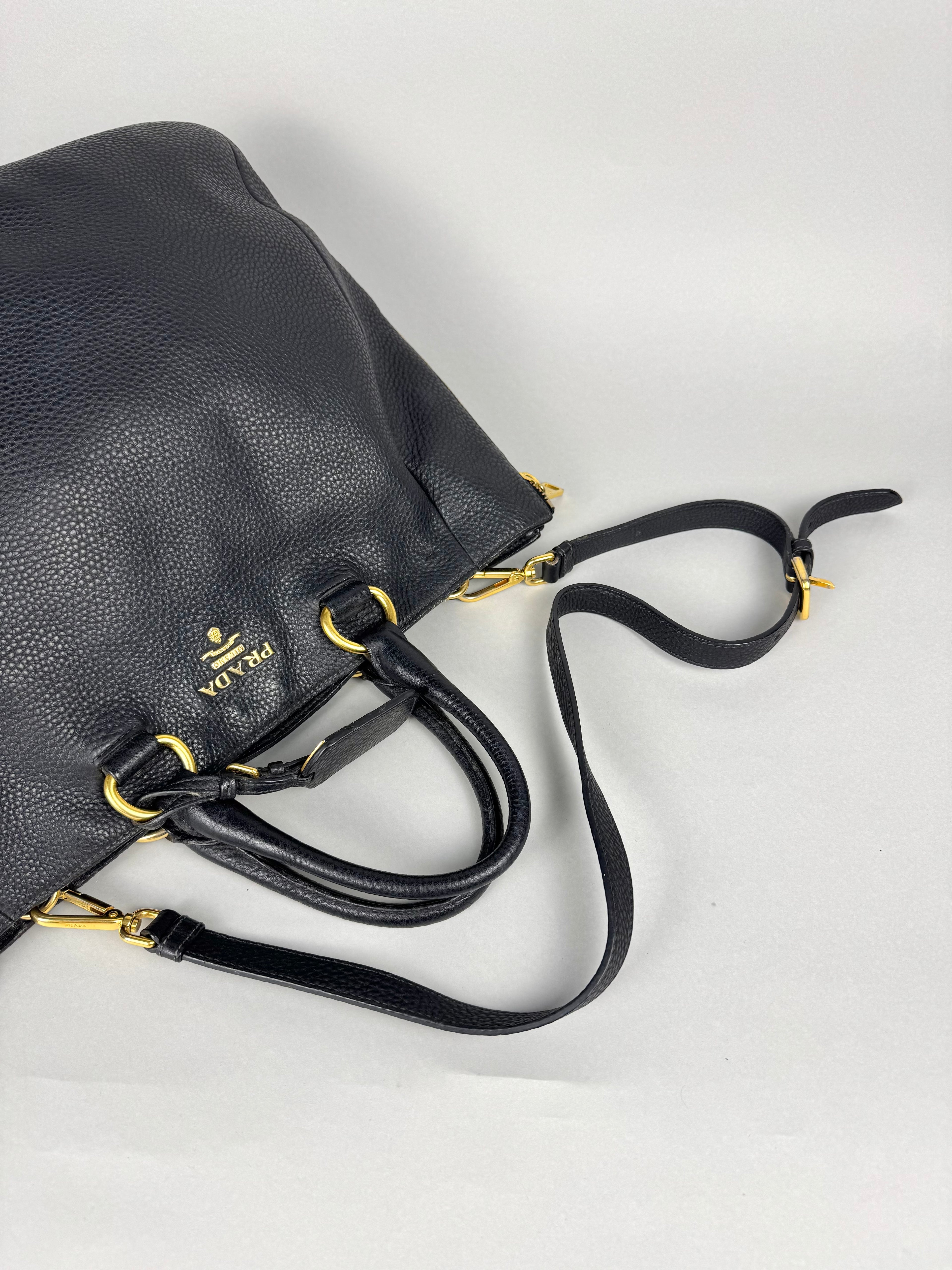 Prada Black Leather Vitello Diano Leather Side Zip Tote