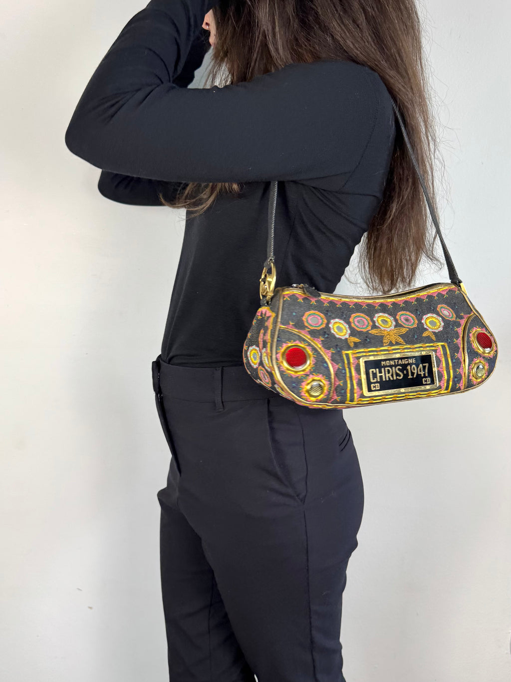 Christian Dior Embroidered Montaigne Cadillac 1947 Denim Bag