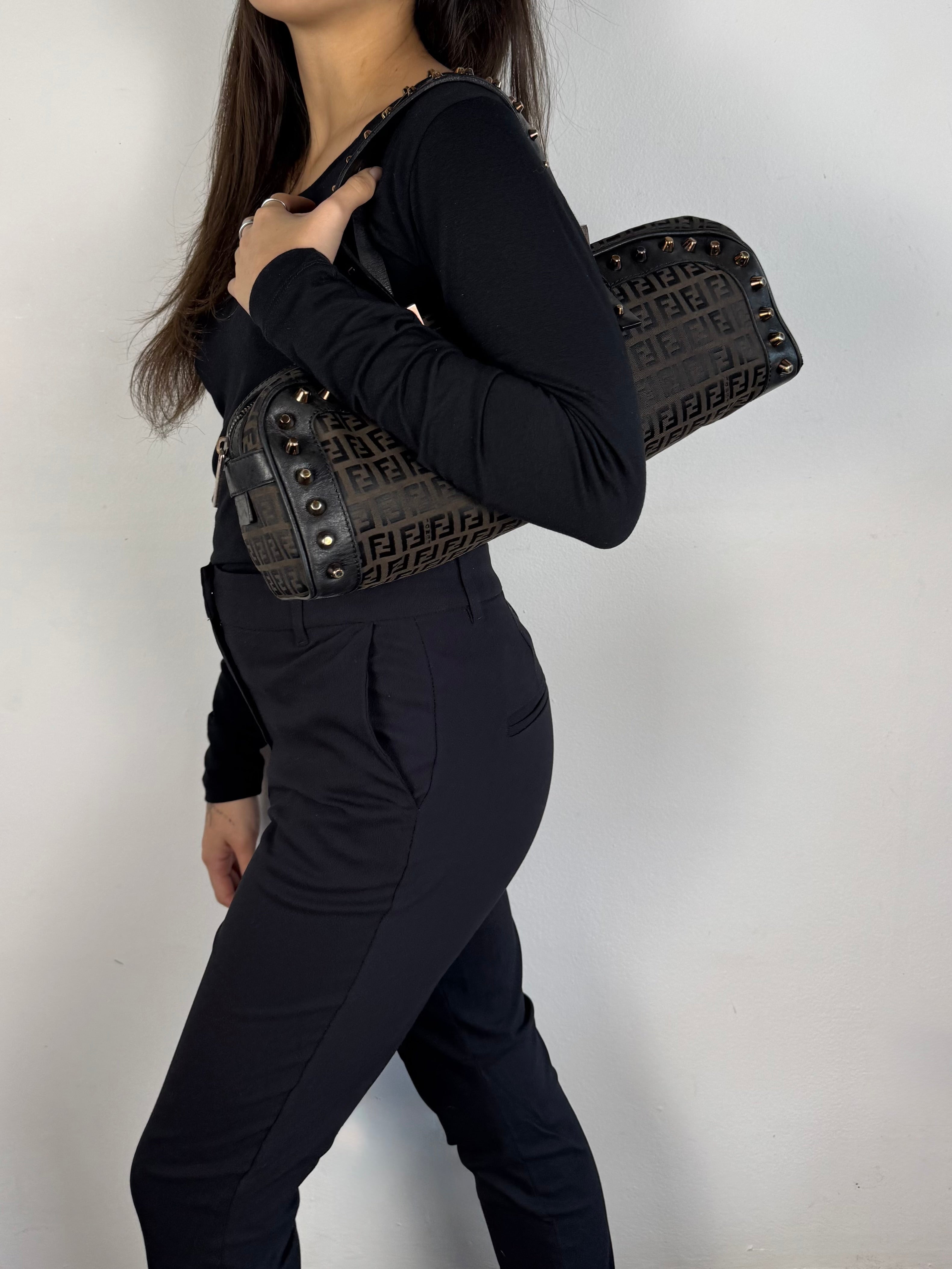 Fendi Monogram Zucchino Studded Bowler Bag