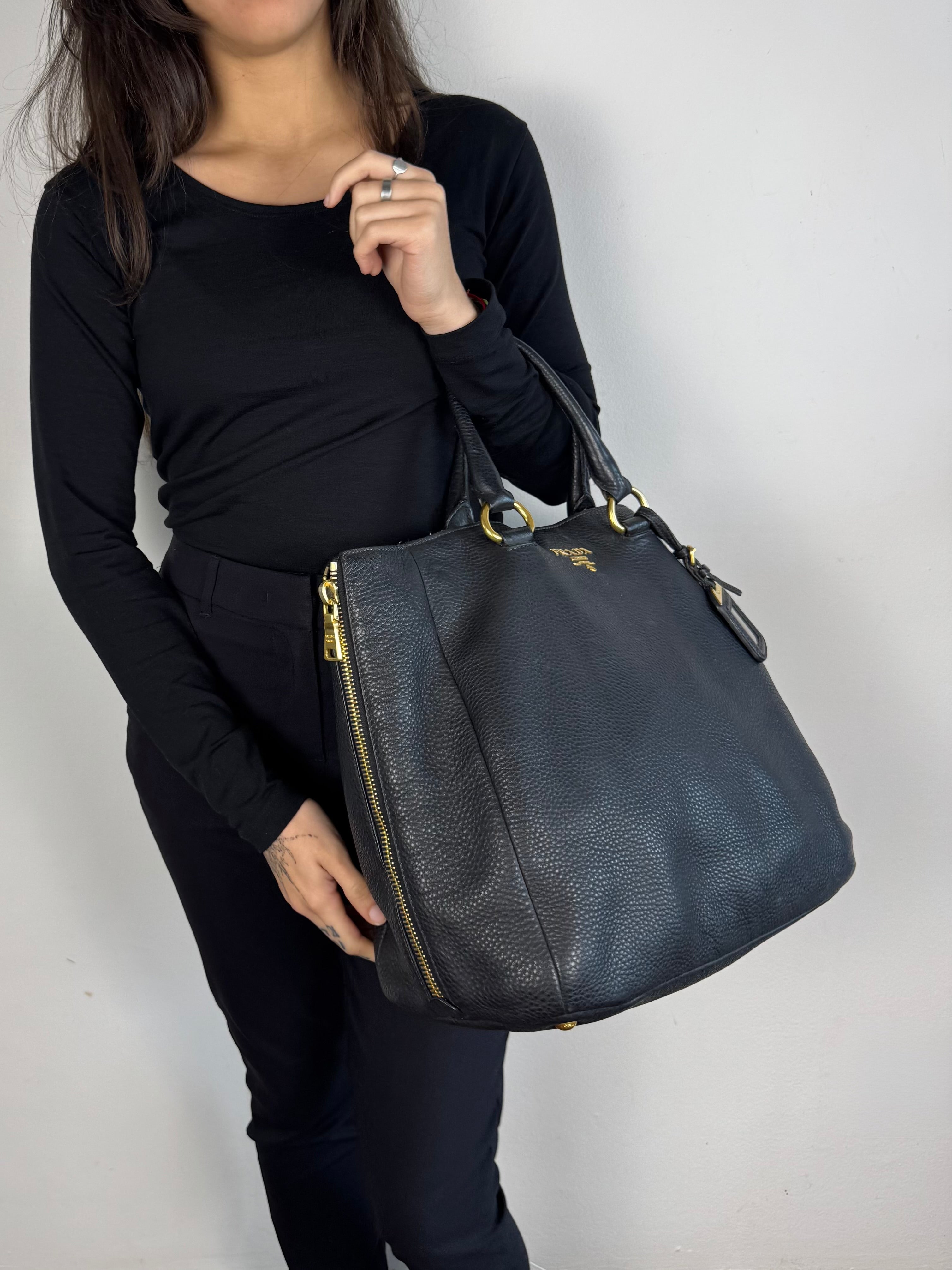 Prada Black Leather Vitello Diano Leather Side Zip Tote