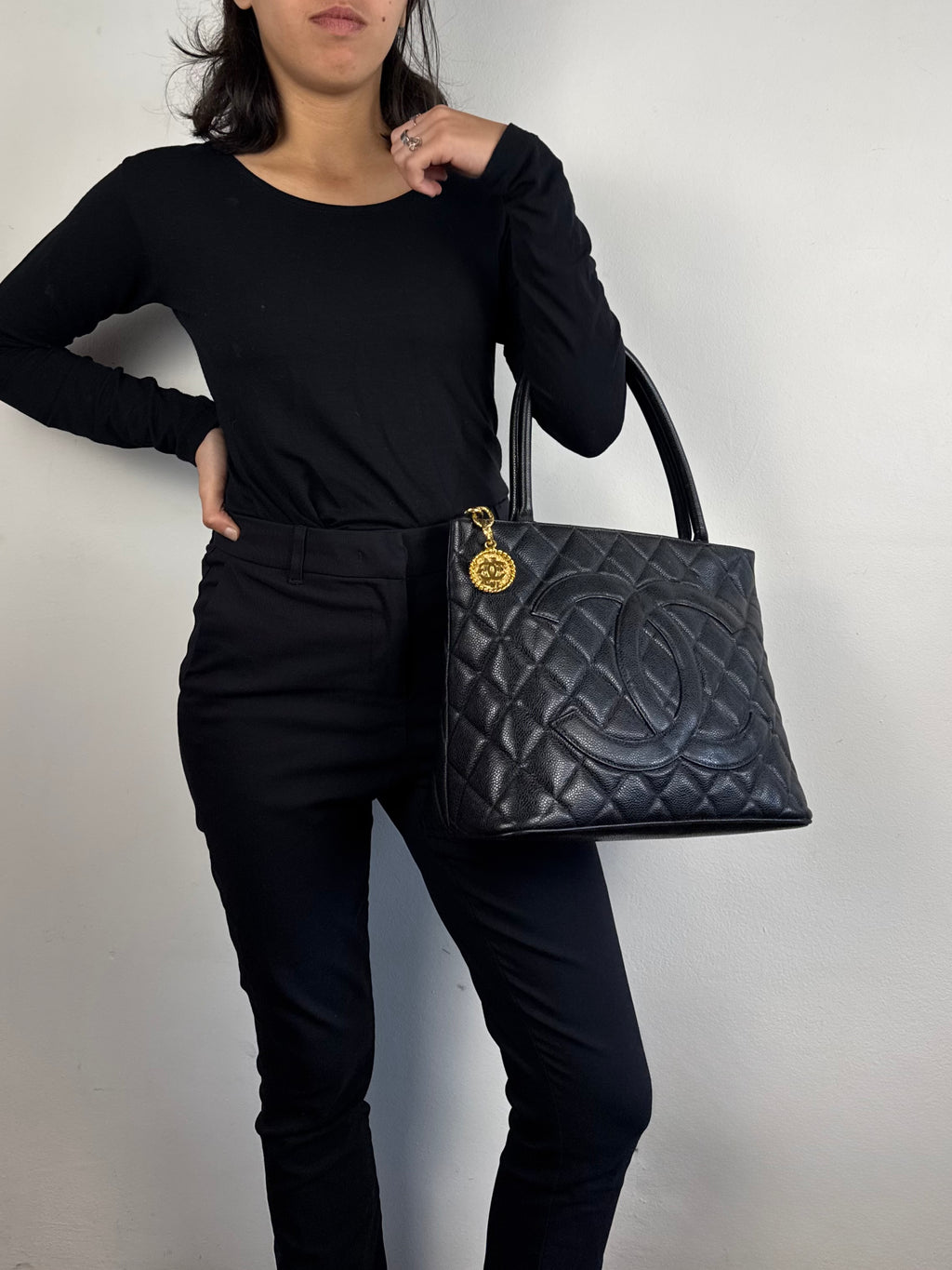 Chanel Medallion Black Leather Caviar Tote