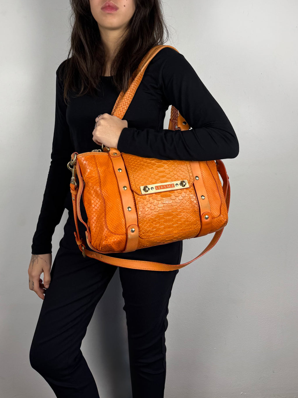 Versace Orange Python and Leather Tote