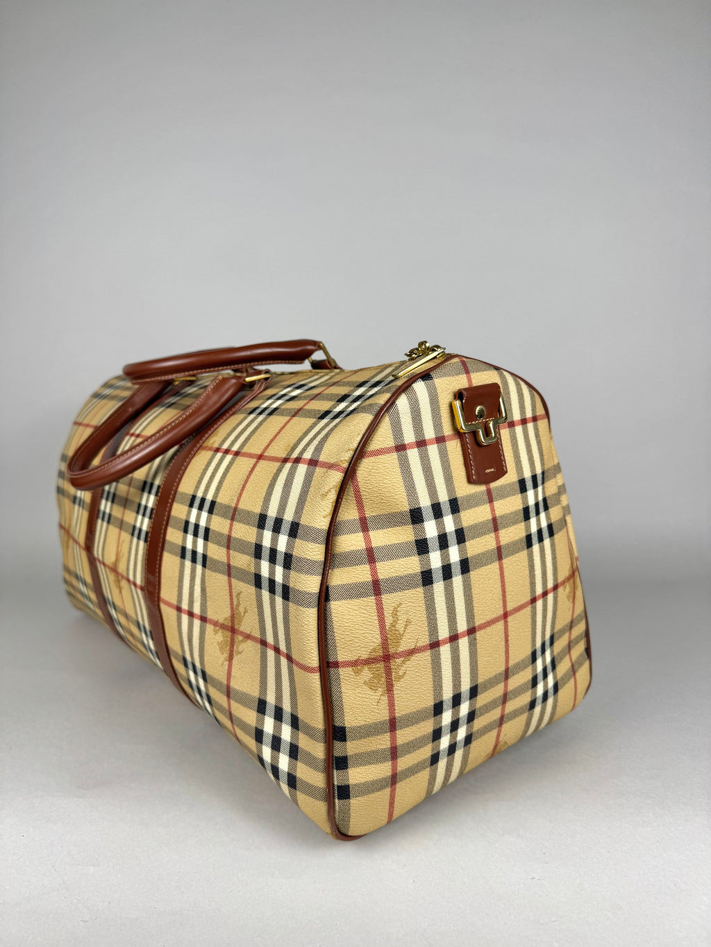Burberry Brown Leather And Haymarket Check Coated Canvas Travel Duffel
