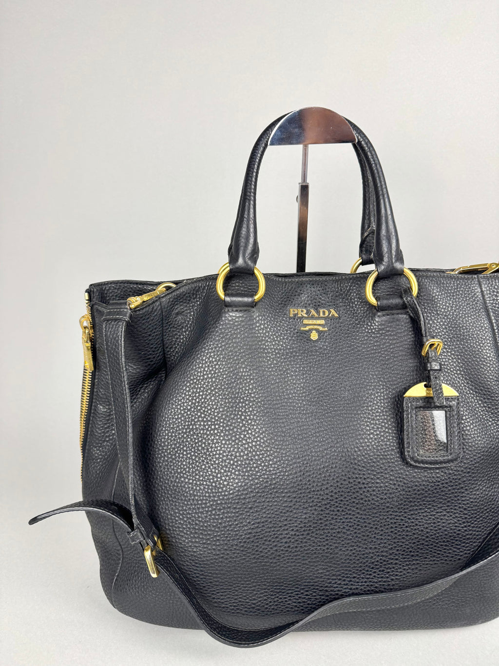 Prada Black Leather Vitello Diano Leather Side Zip Tote