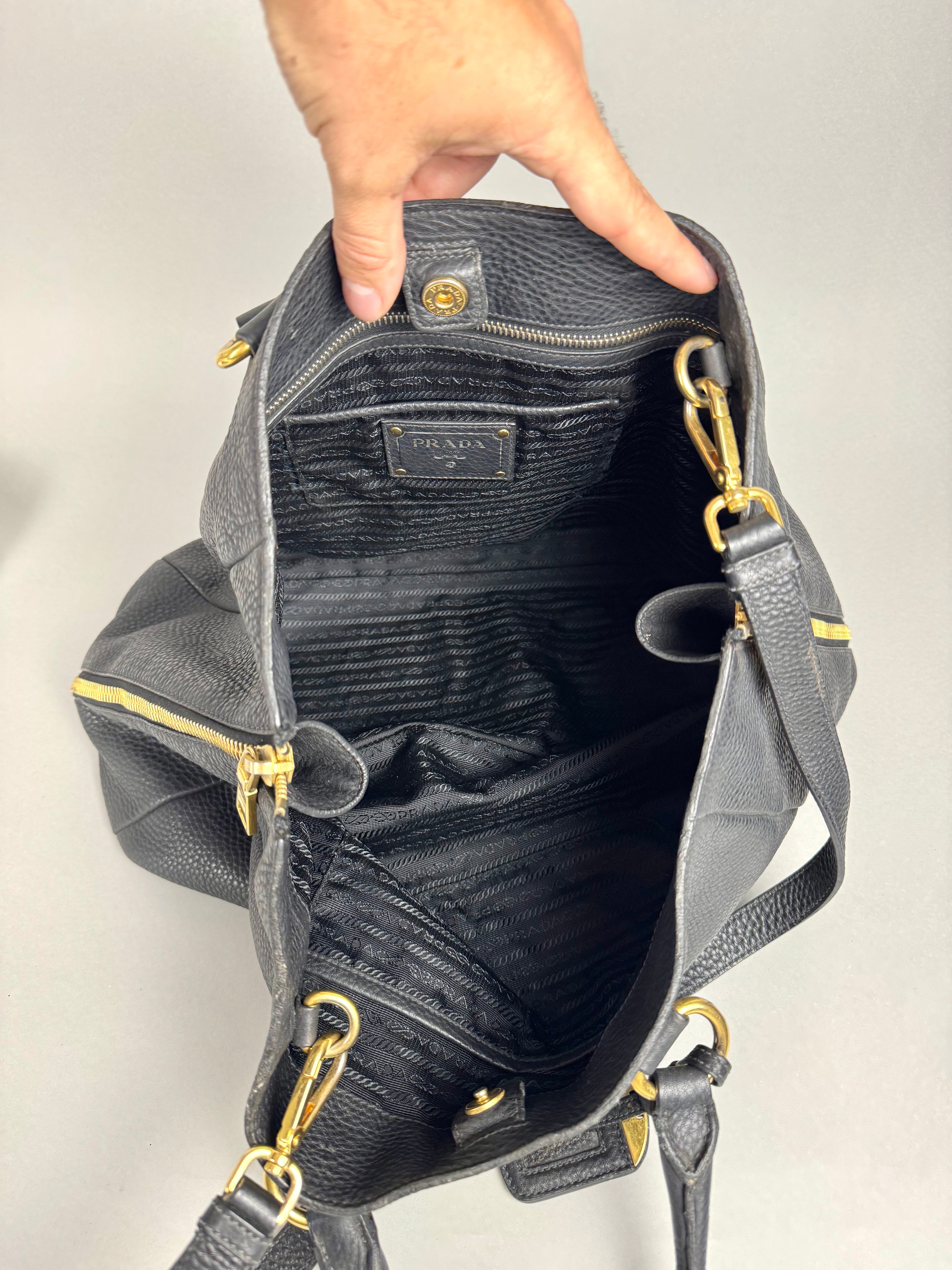 Prada Black Leather Vitello Diano Leather Side Zip Tote