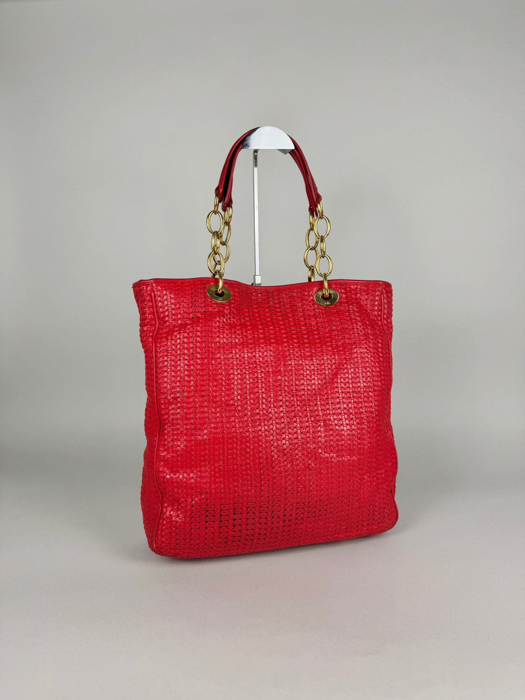 Christian Dior Red Woven Lambskin Leather Lady Dior Tote