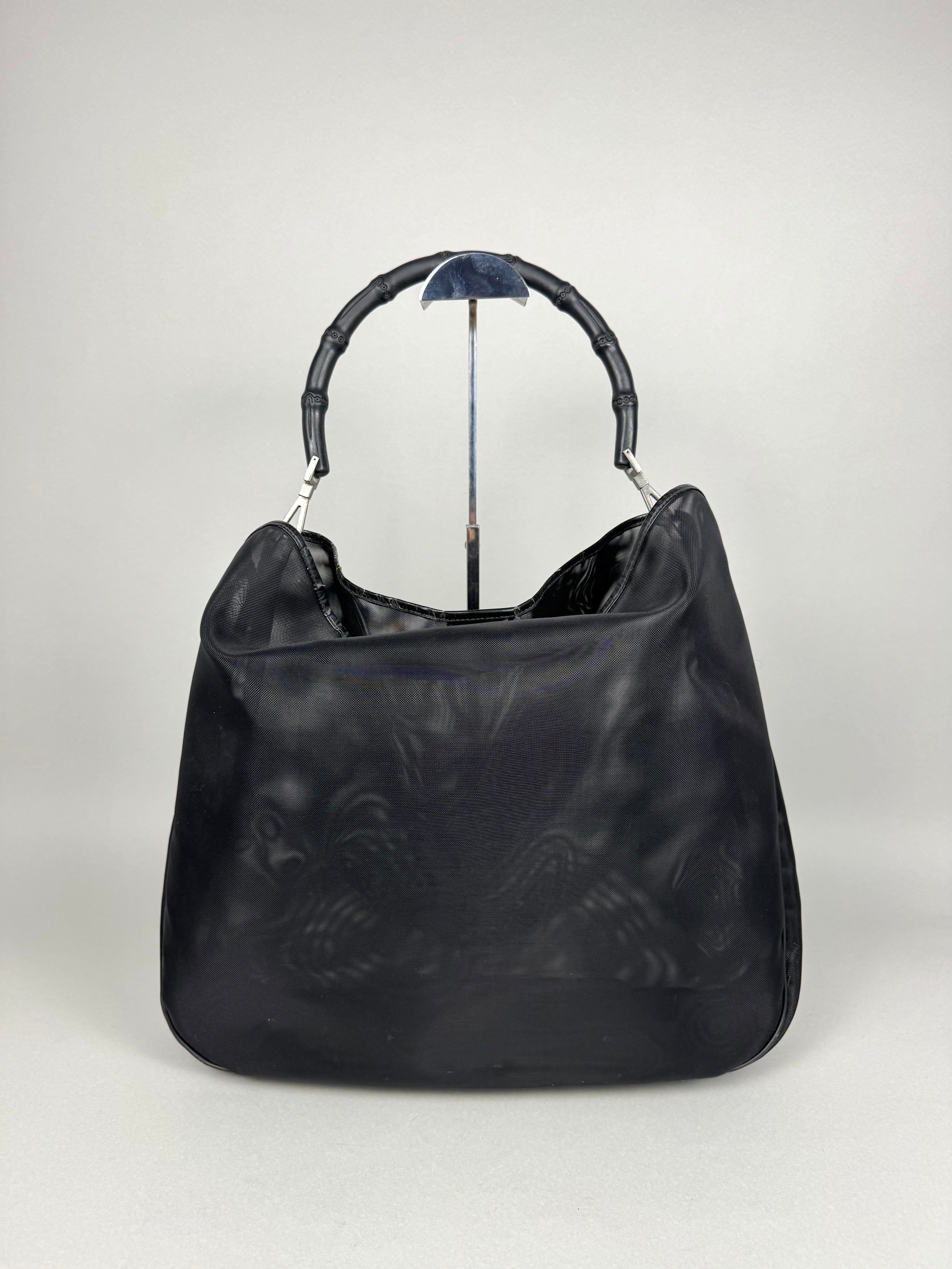 Gucci Mesh Bamboo Tote Bag in Black with Pouch