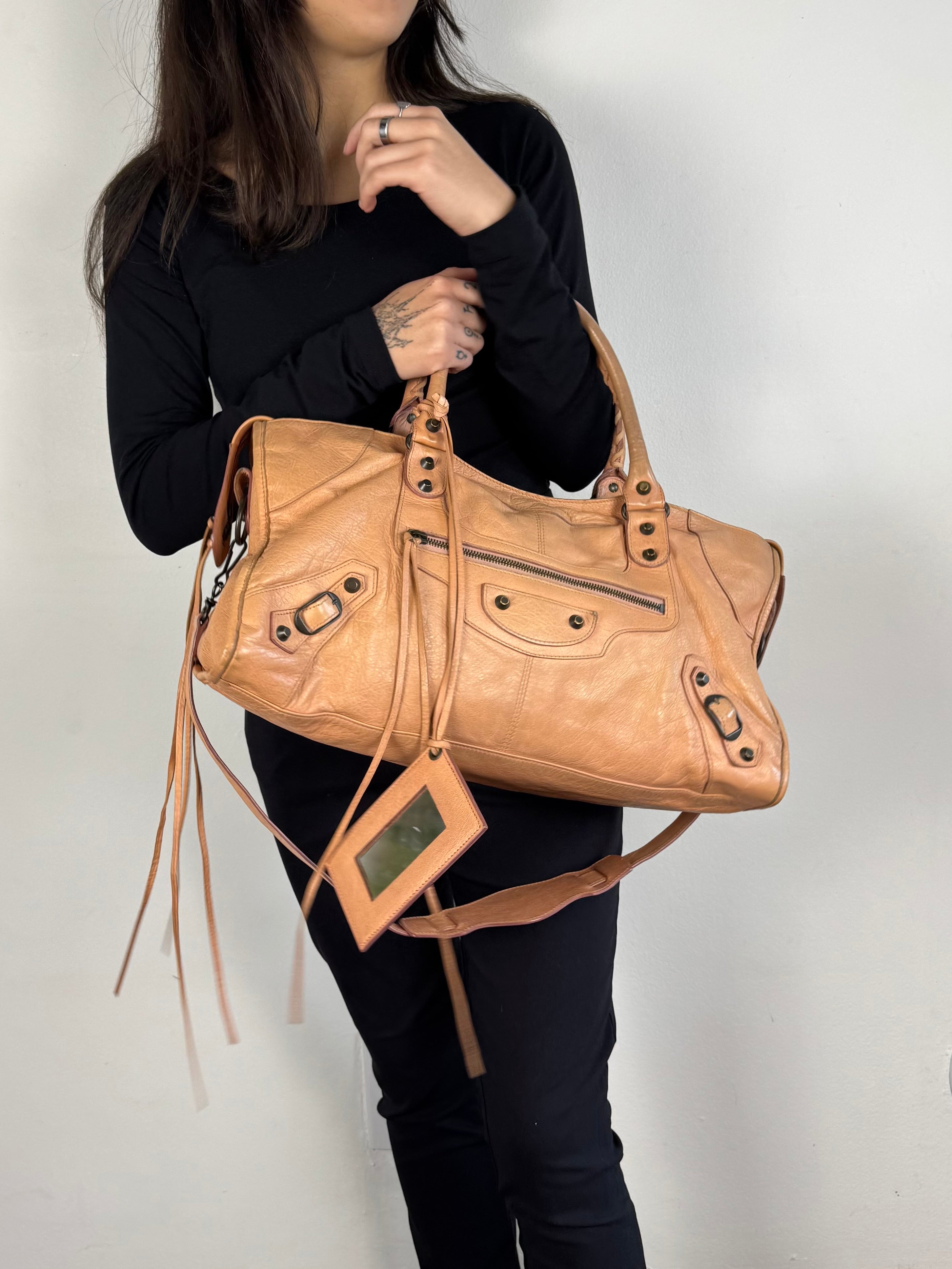 Balenciaga Cumin Lambskin Leather Motorcycle Part-Time Bag