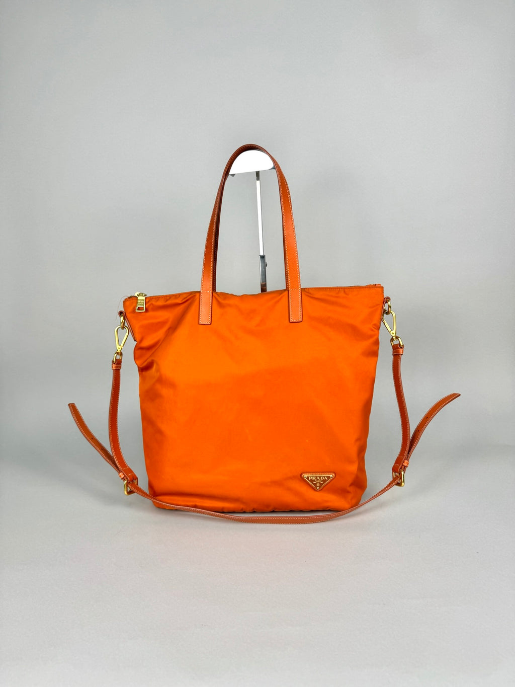 Prada Tessuto Orange Nylon With Leather Strap Tote Bag