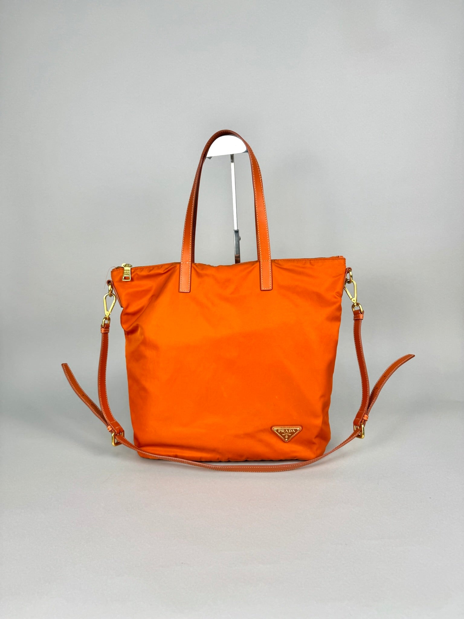 Prada Tessuto Orange Nylon With Leather Strap Tote Bag
