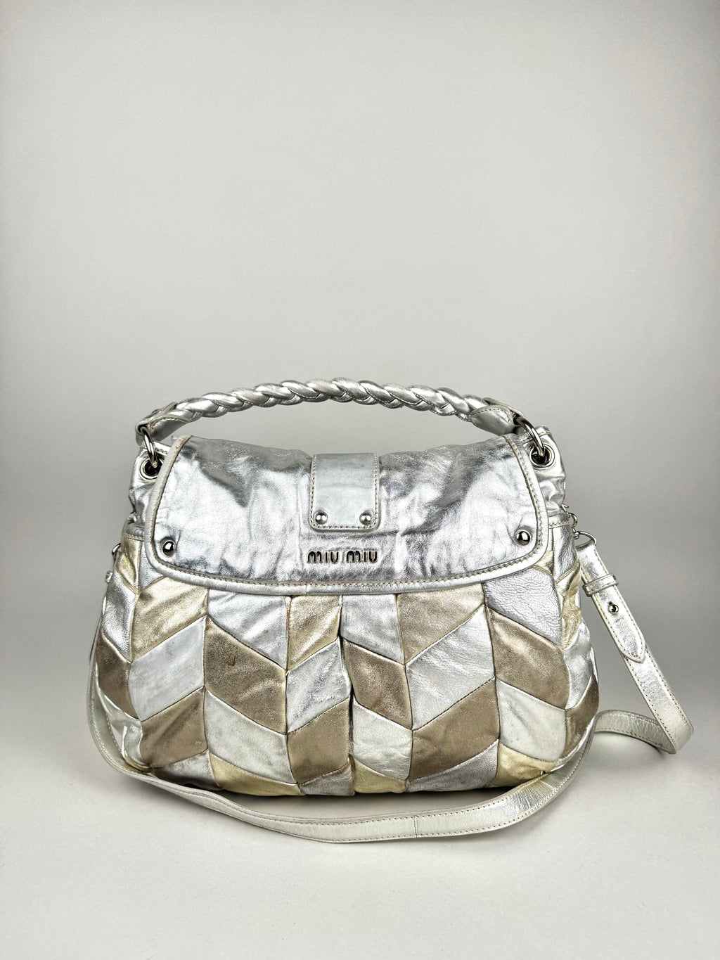 Miu Miu Silver Leather Harlequin Patchwork Coffer Matelass Hobo