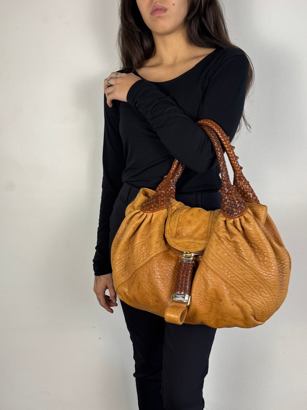 Fendi Spy Intreciatto Caramel Leather Bag