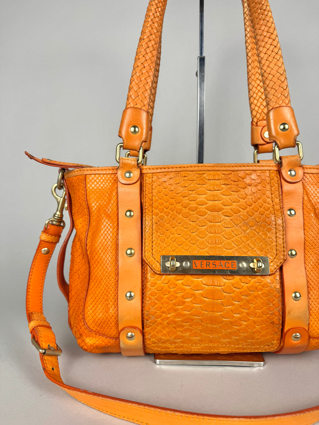 Versace Orange Python and Leather Tote