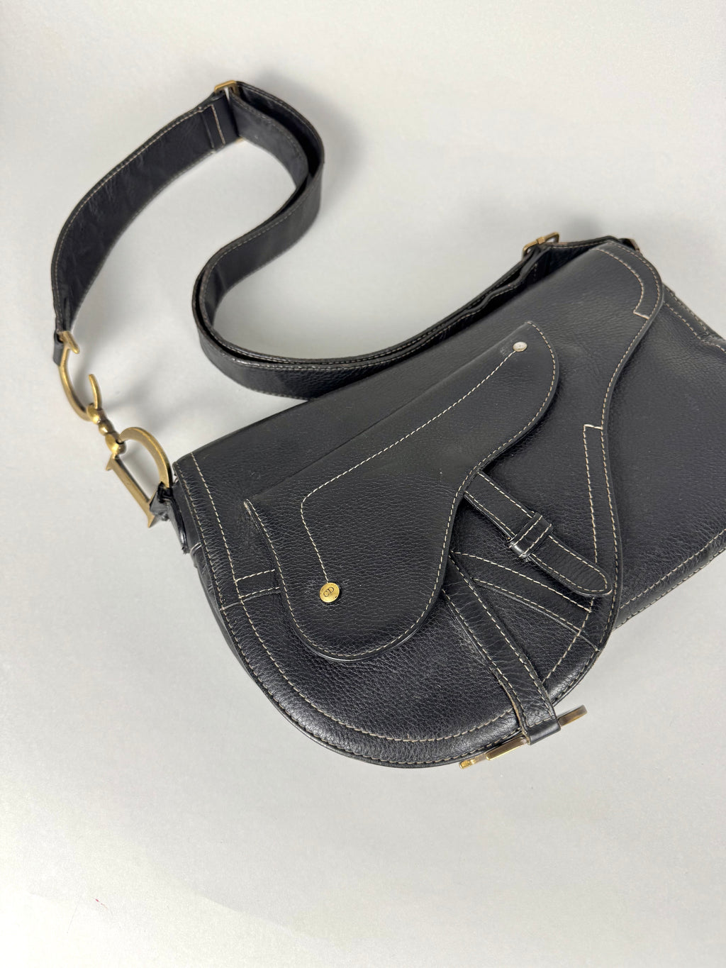 Christian Dior Vintage Double Baudrier Saddle Bag in Black Leather