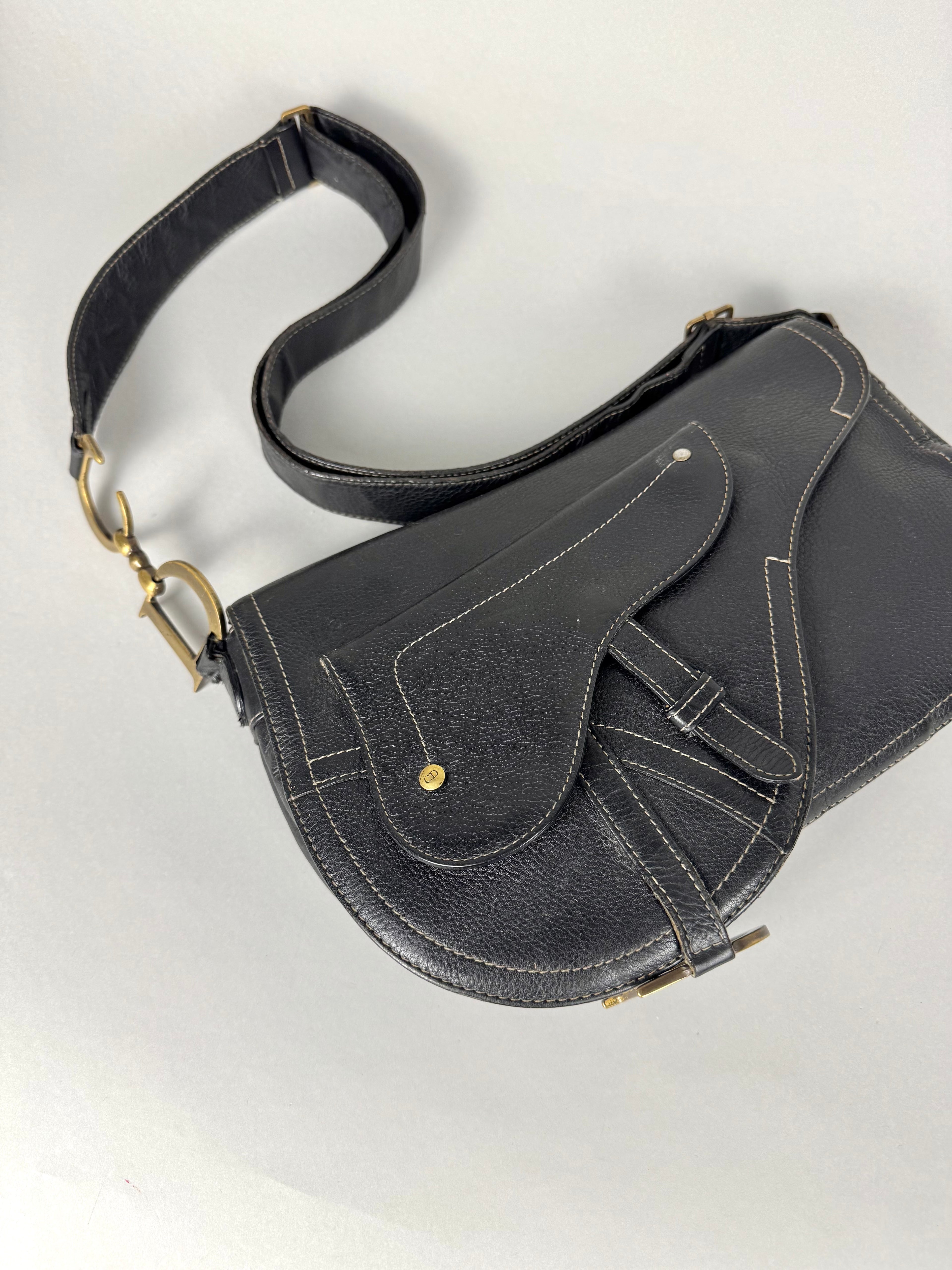 Christian Dior Vintage Double Baudrier Saddle Bag in Black Leather