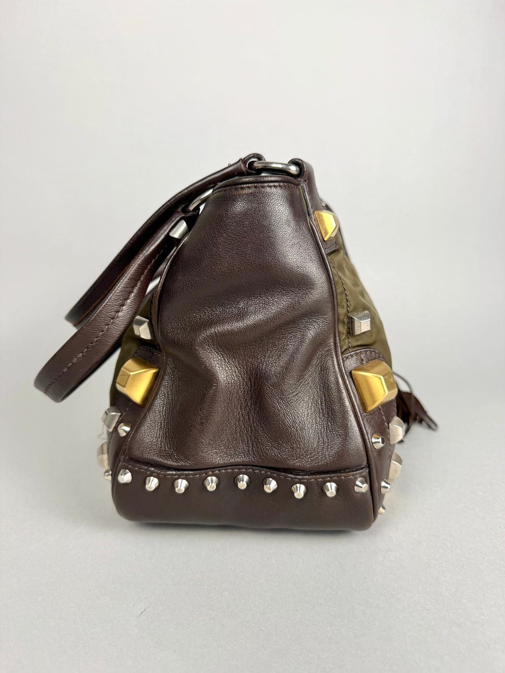 Prada Brown Studded Leather Green Dark Brown Pony-style Calfskin