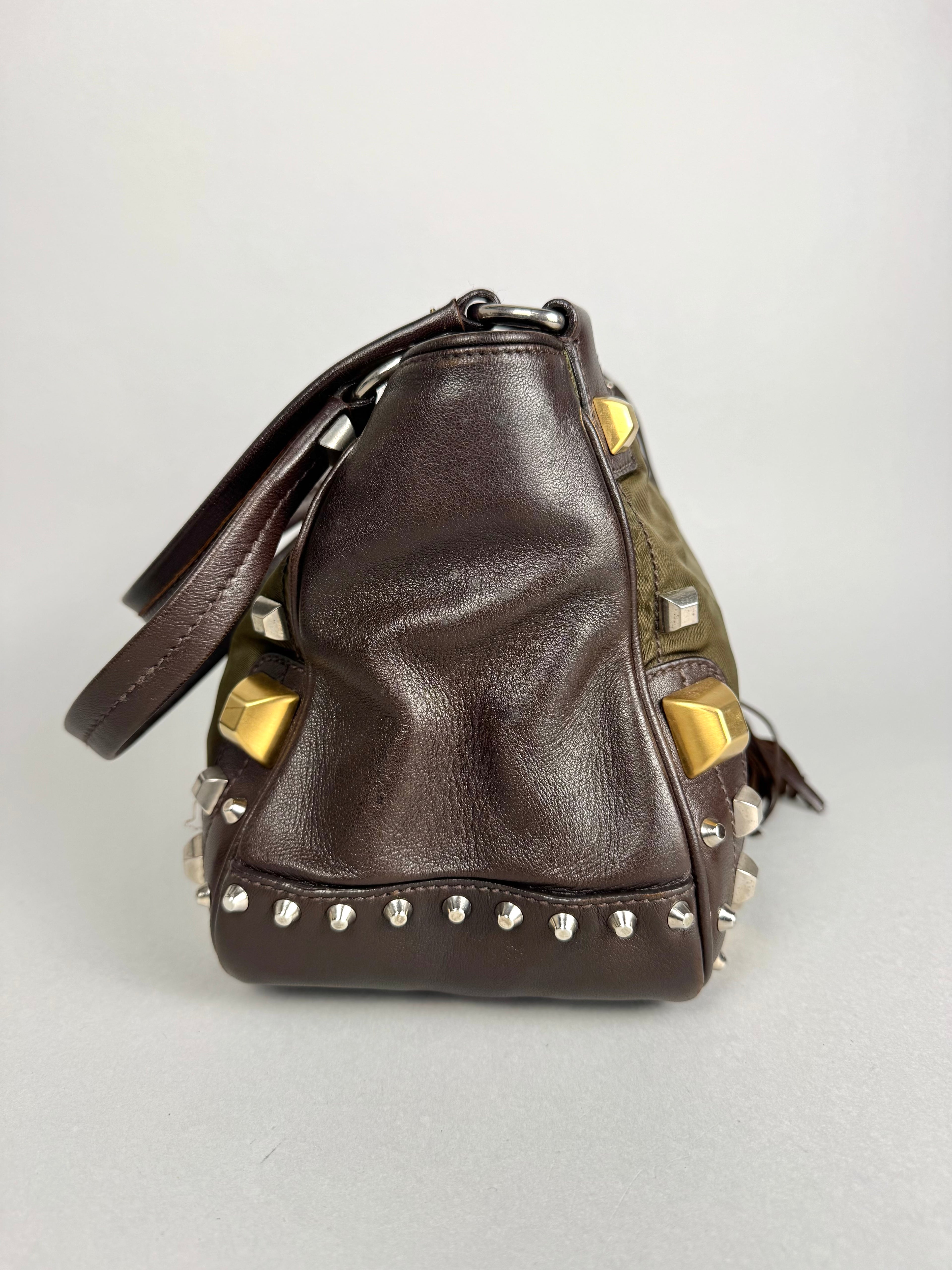 Prada Brown Studded Leather Green Dark Brown Pony-style Calfskin