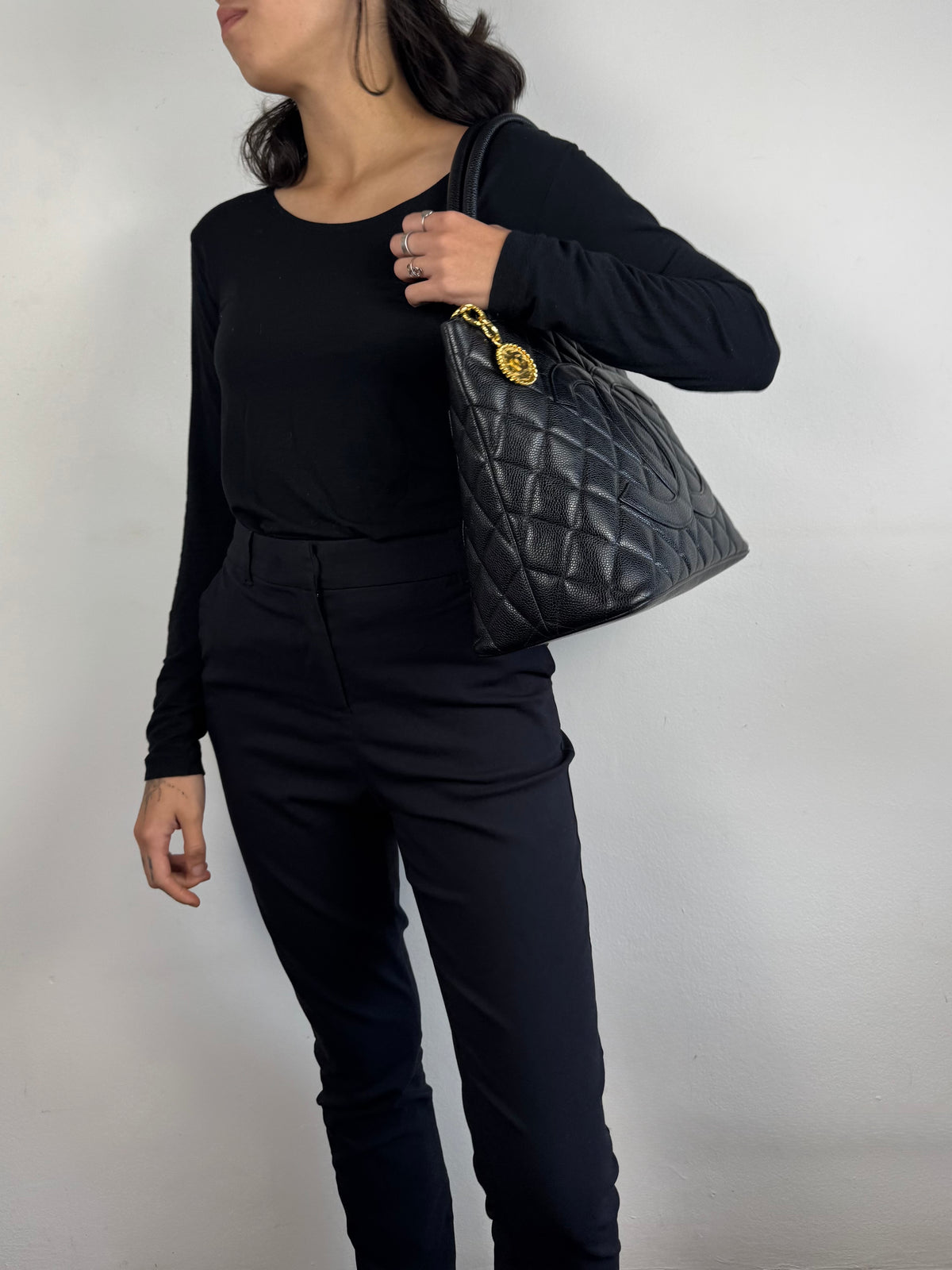 Chanel Medallion Black Leather Caviar Tote