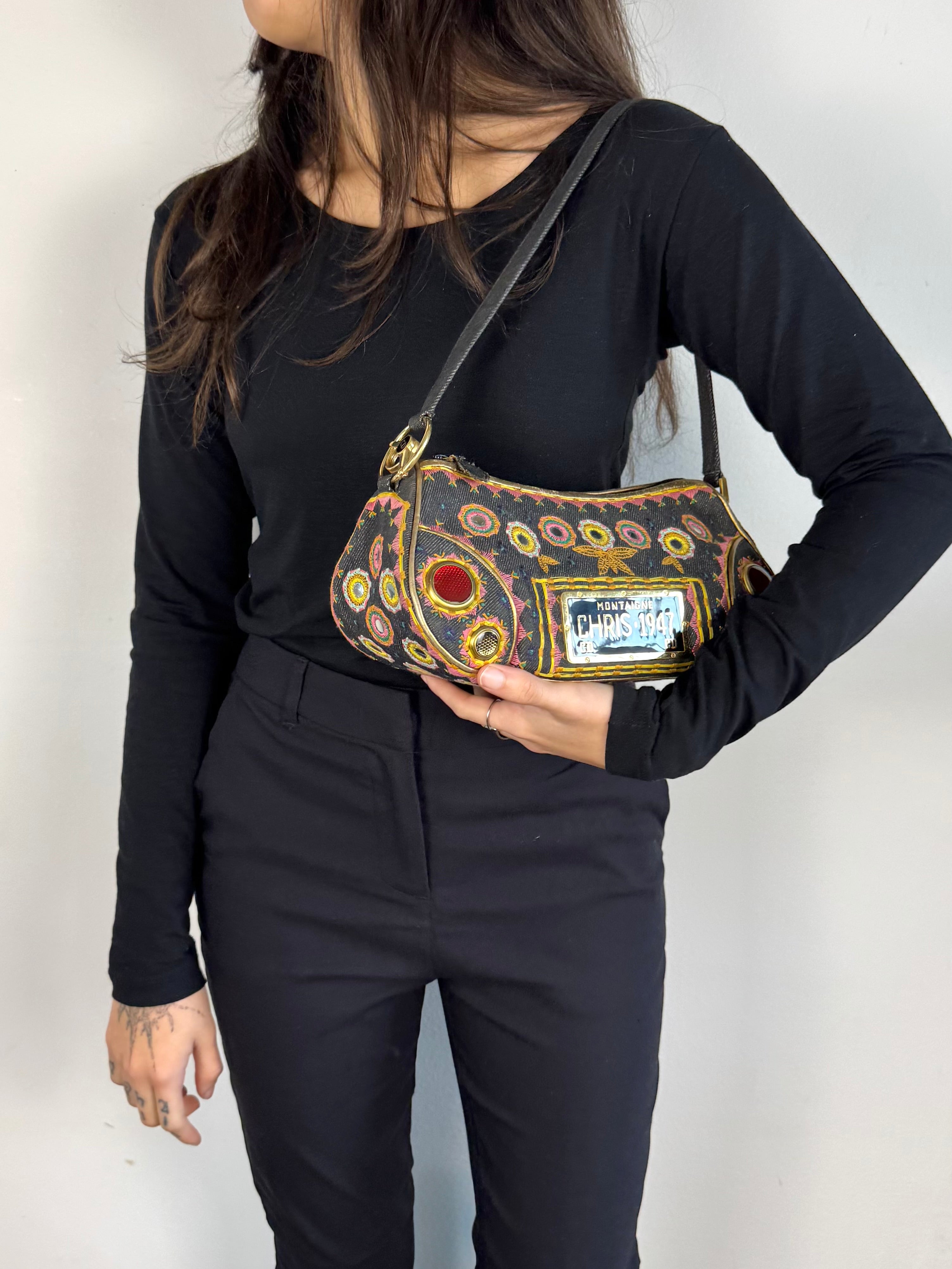 Christian Dior Embroidered Montaigne Cadillac 1947 Denim Bag