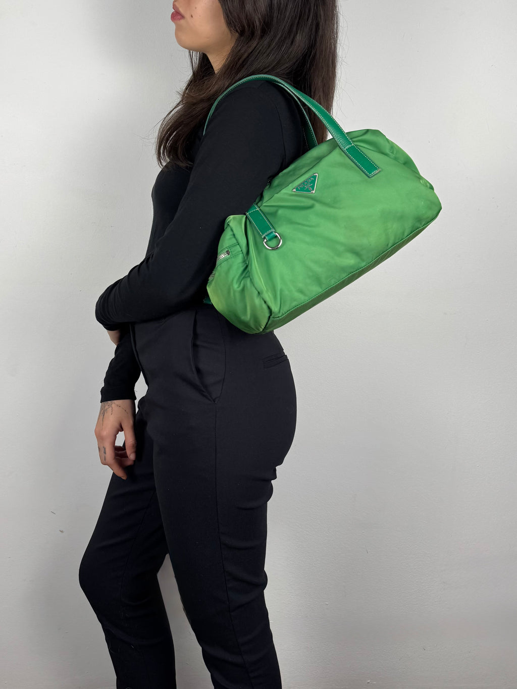 Prada Green Nylon and Leather Bauletto