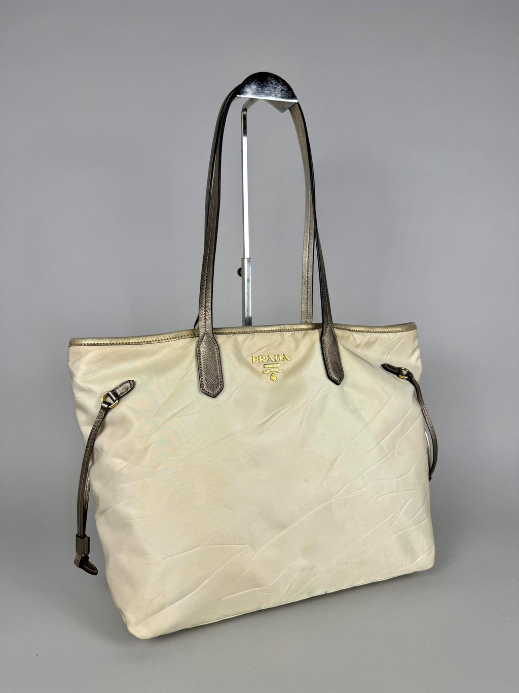 Prada Tessuto Nylon Saffiano Shopping Tote Off White