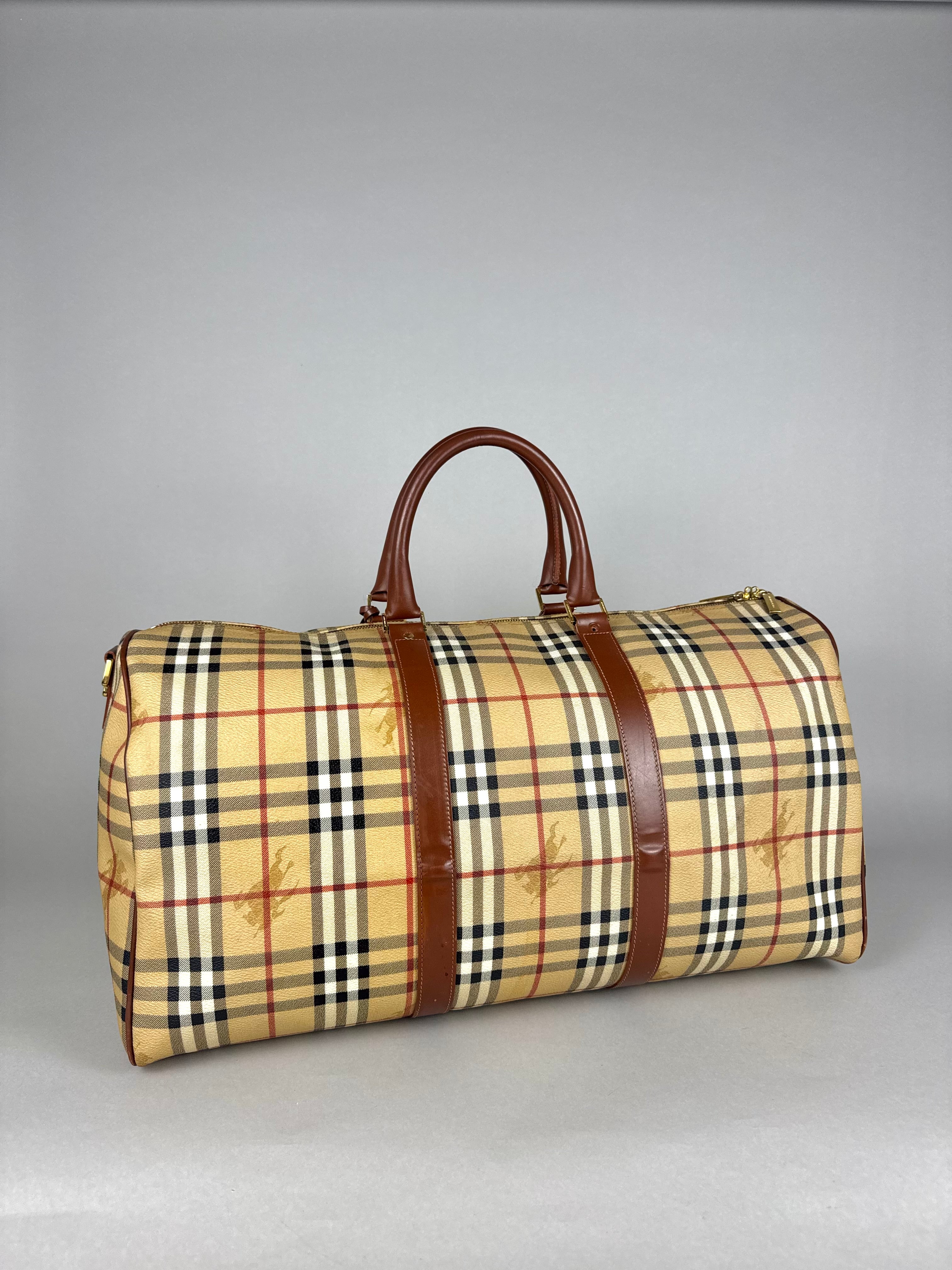 Burberry Brown Leather And Haymarket Check Coated Canvas Travel Duffel