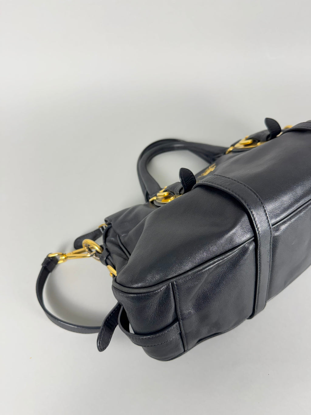 Prada Satchel Soft Calfskin Trimmed Leather Black