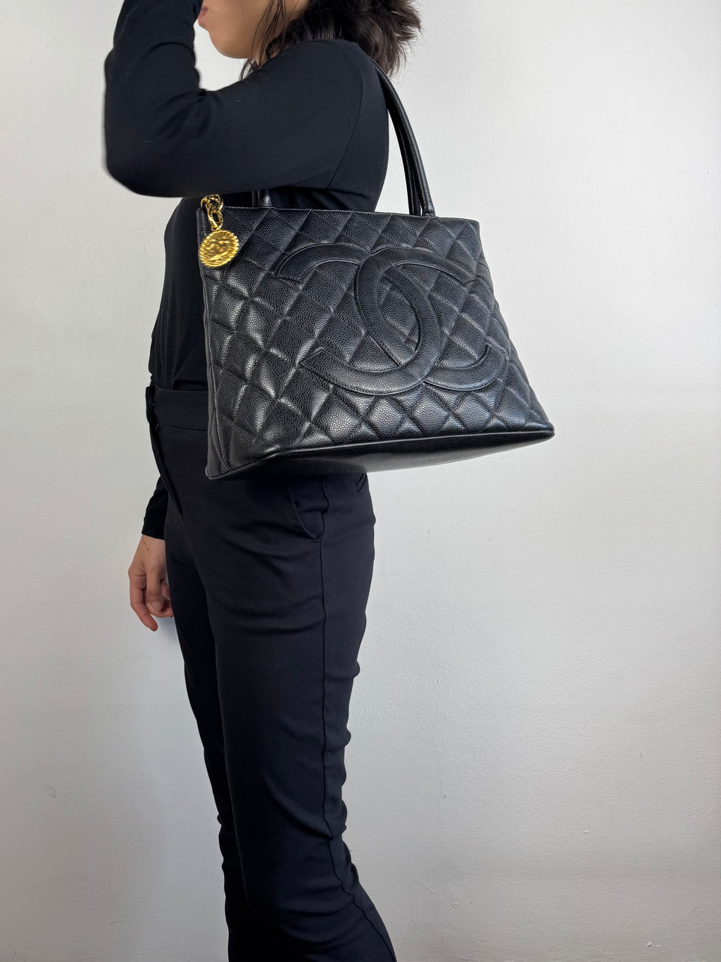Chanel Medallion Black Leather Caviar Tote