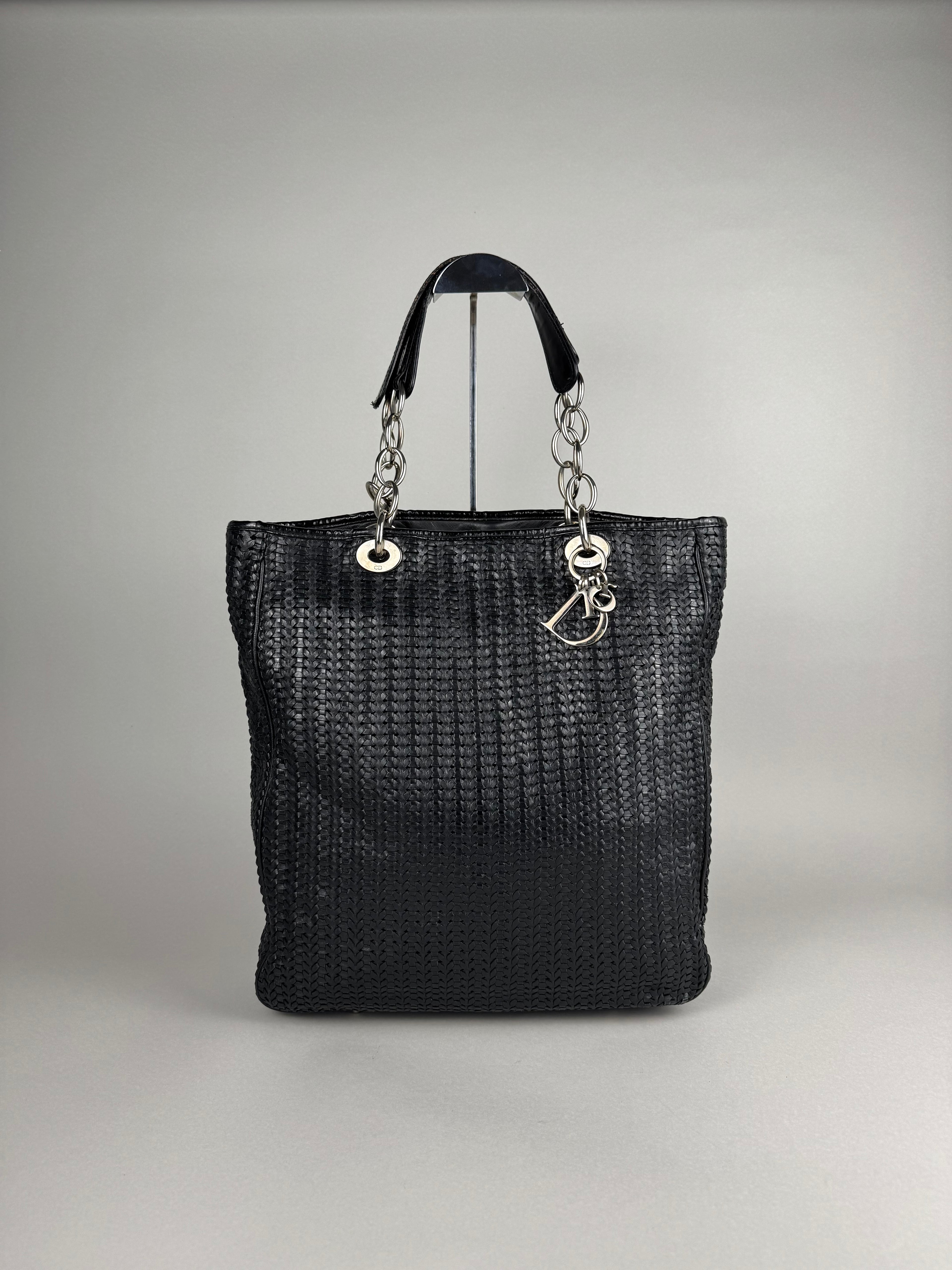 Christian Dior Black Woven Lambskin Leather Lady Dior Tote